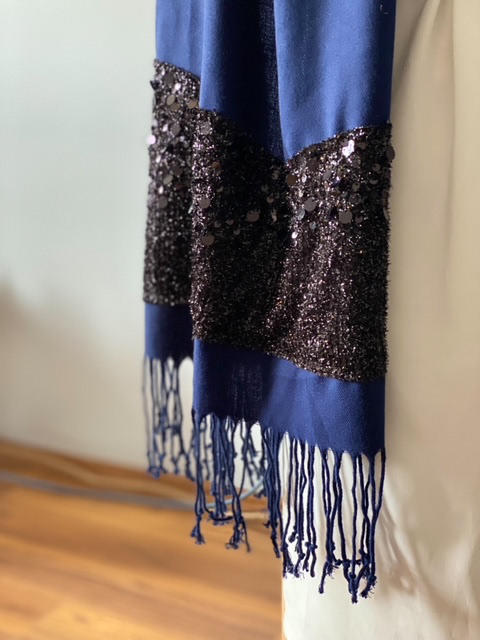 Urban Upcycled Sürdürülebilir Moda ve Sürdürülebilir Yaşam | Lacivert ve Siyah Pul Payet Abiye Paşmina Şal