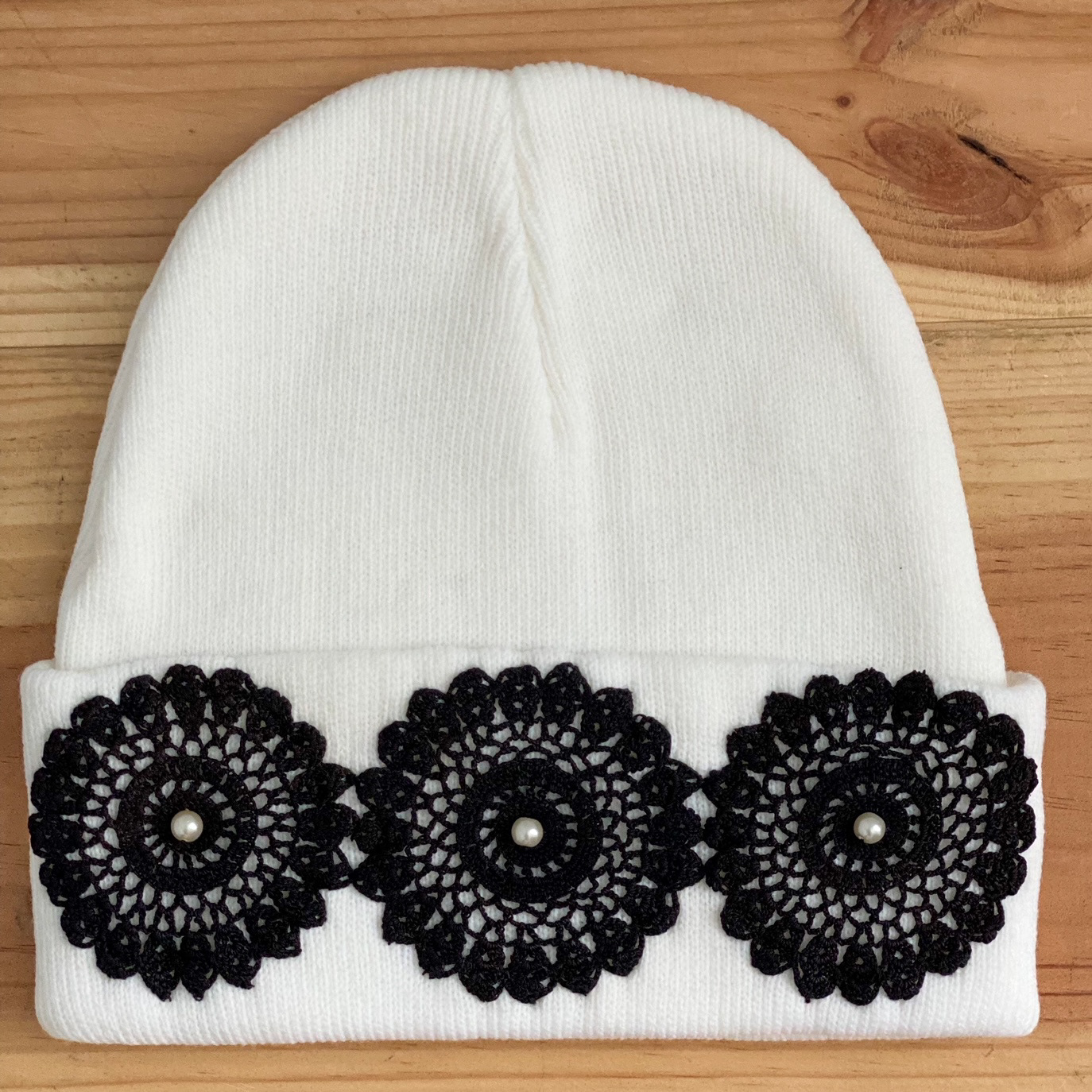 Urban Upcycled Beanie Hat Black & White Vintage Doily Glass Pearls