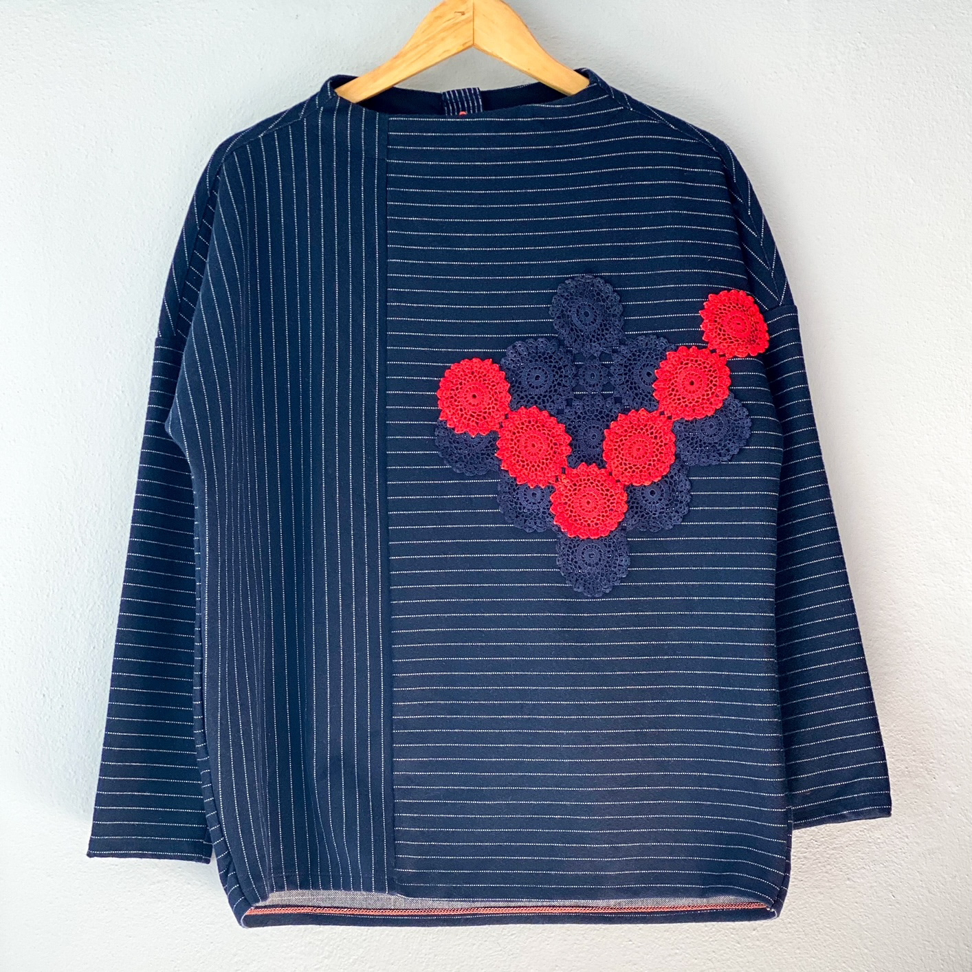 Urban Upcycled Kind Hearted Sustainable Fashion and Lifestyle | Navy Pinstriped Top with Hand Dyed Vintage Doilies