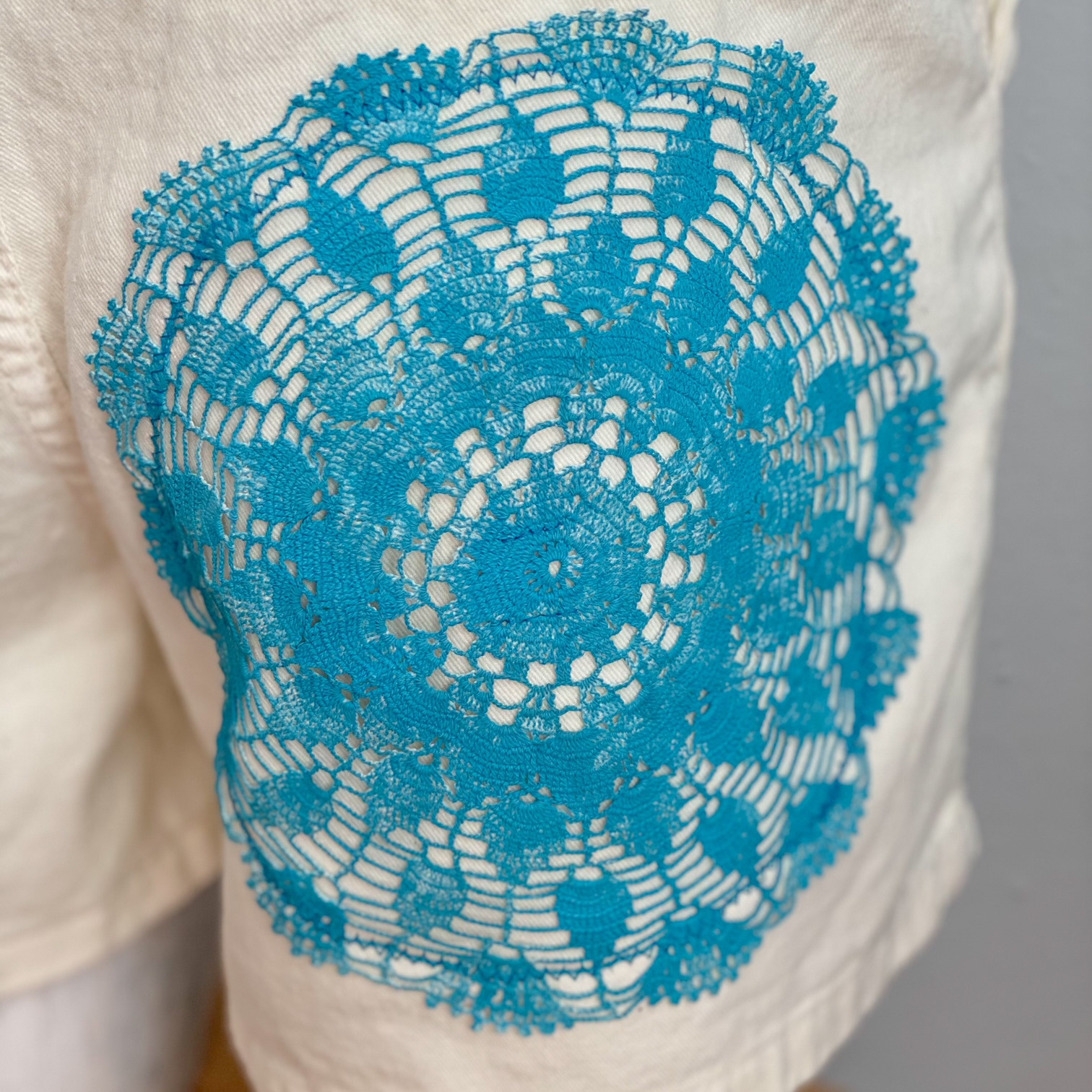 Urban Upcycled Kind Hearted Sustainable Fashion and Lifestyle | Double Waisted White Denim Shorts With Hand Dye Vintage Doily