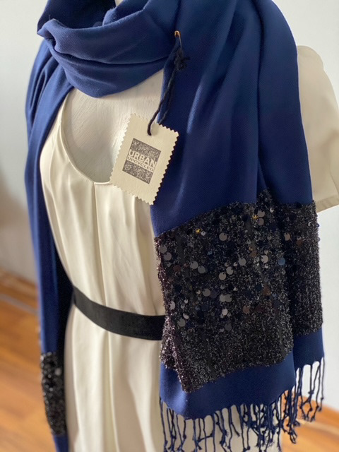 Urban Upcycled Kind Hearted Sustainable Fashion and Lifestyle | Dark Blue Pashmina Shawl or Wrap Sequinned in Black