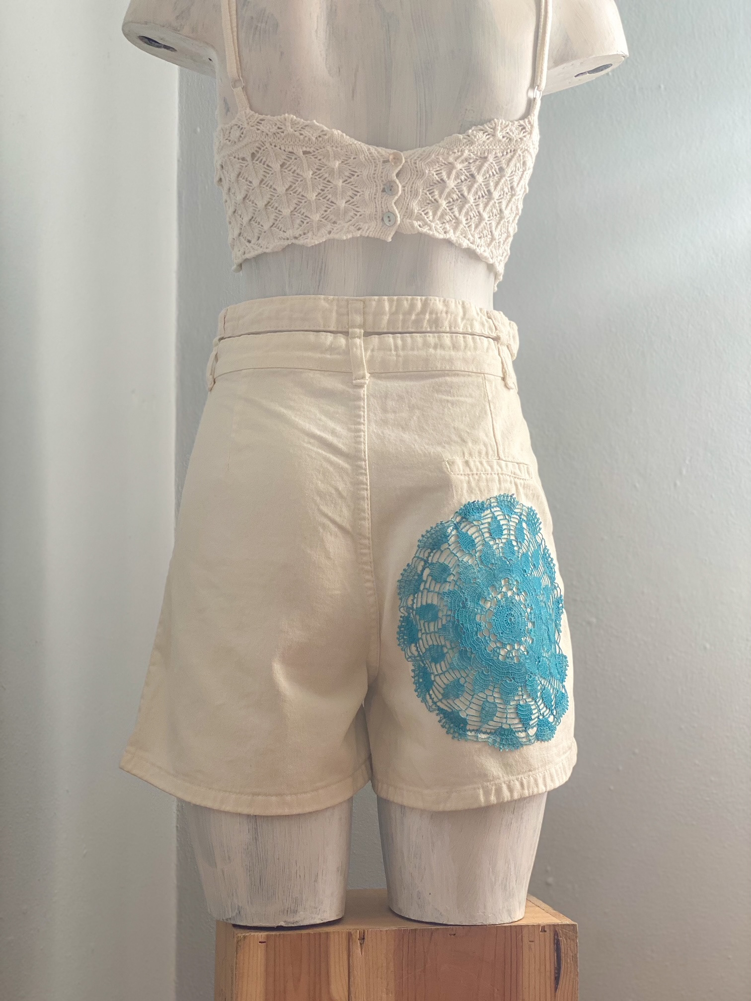 Urban Upcycled - White Shorts With Hand Painted Vintage Doily