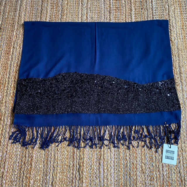 Urban Upcycled Kind Hearted Sustainable Fashion and Lifestyle | Dark Blue Pashmina Shawl or Wrap Sequinned in Black