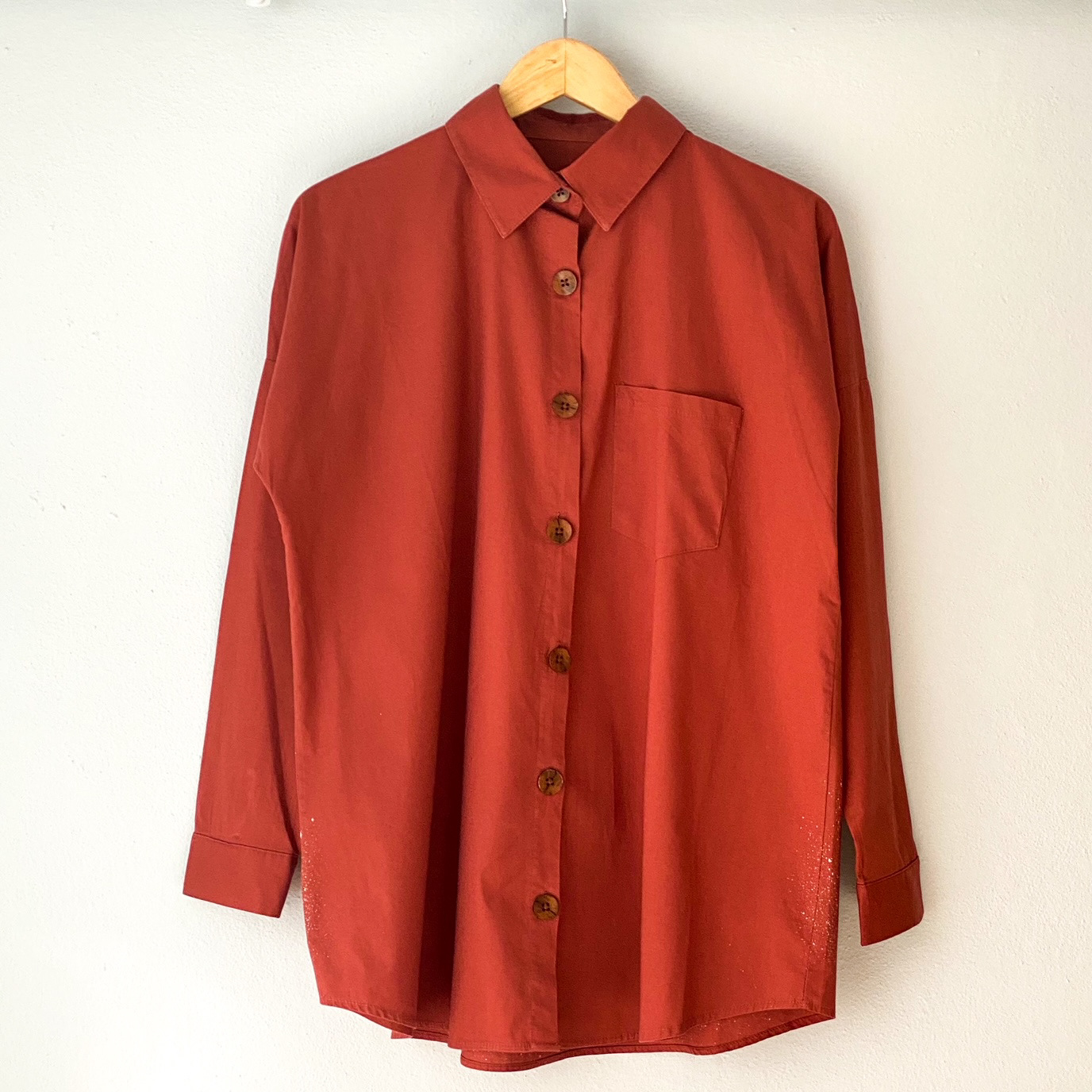 Urban Upcycled Kind Hearted Sustainable Fashion and Lifestyle Oversize Hand Dyed Cinnamon Button Up Shirt| 