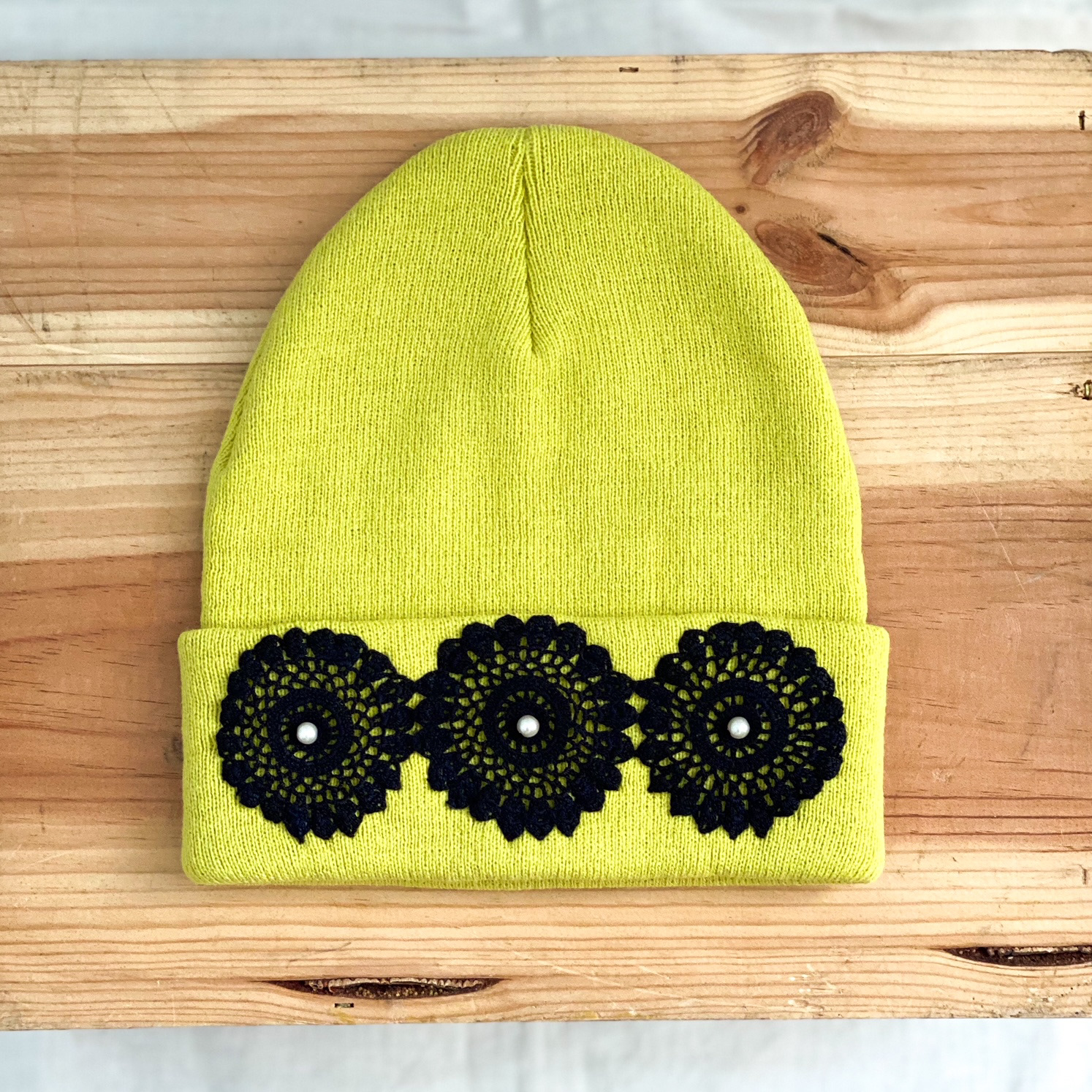 Urban Upcycled Beanie Hat Black & Lime Vintage Doily Glass Pearls