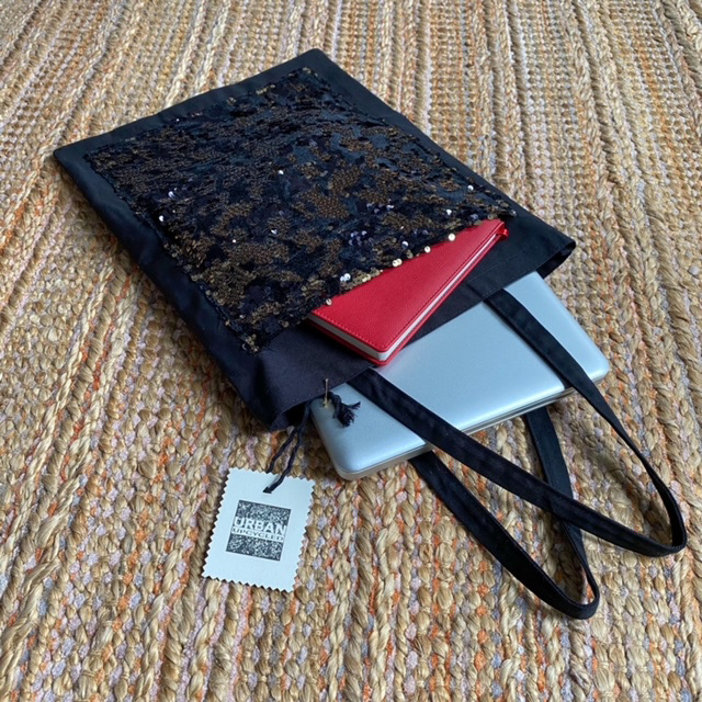 Urban Upcycled Kind Hearted Sustainable Fashion and Lifestyle | Black Canvas Bag With A Gold Sequinned Pocket