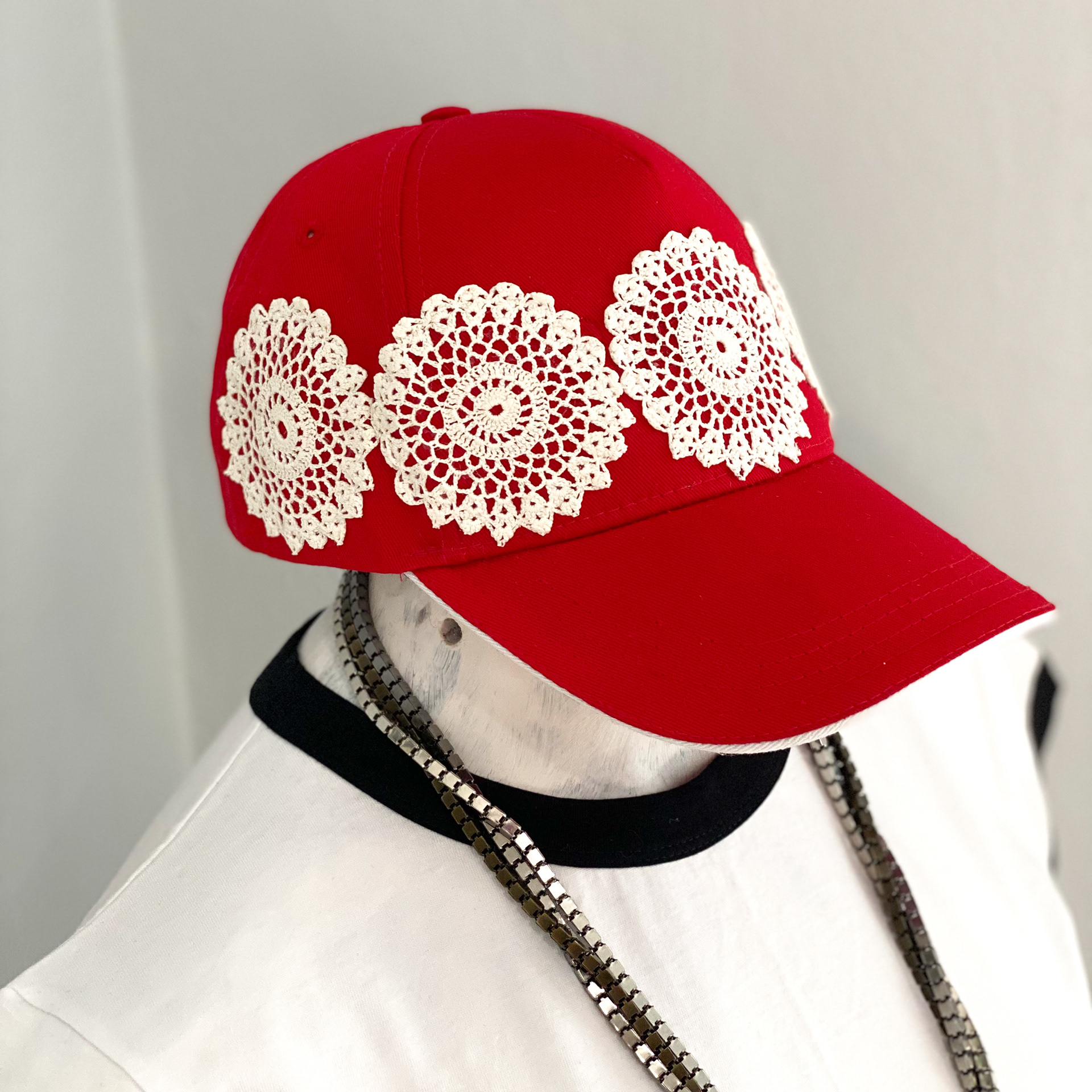 Urban Upcycled Kind Hearted Sustainable Fashion and Lifestyle | Red Baseball Cap with Vintage Doily of 80s