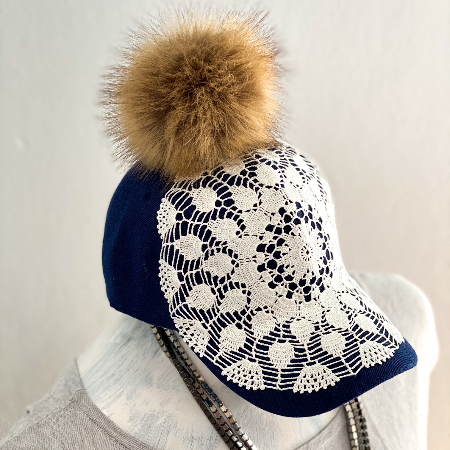 Urban Upcycled Kind Hearted Sustainable Fashion and Lifestyle | Navy Baseball Cap with Vintage Doily of 80s and Faux Fur Pom Pom 