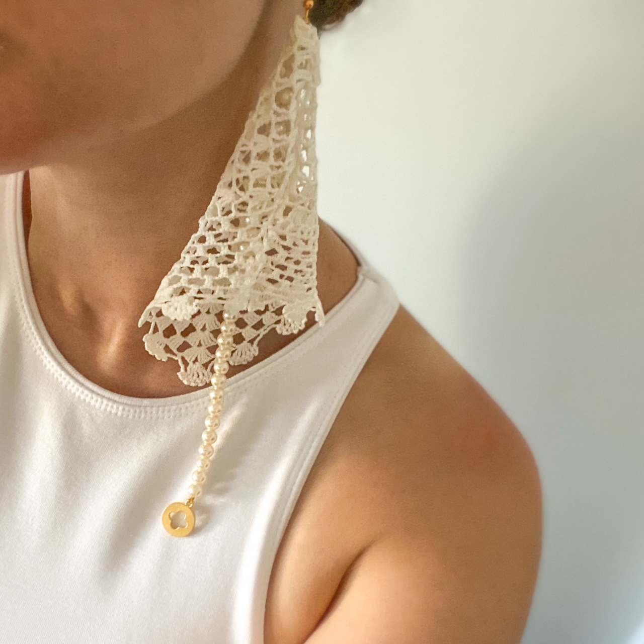 Urban Upcycled Kind Hearted Sustainable Fashion and Lifestyle | Upcycled Vintage Doily Jewellery Collection Long Earring Lily Flower