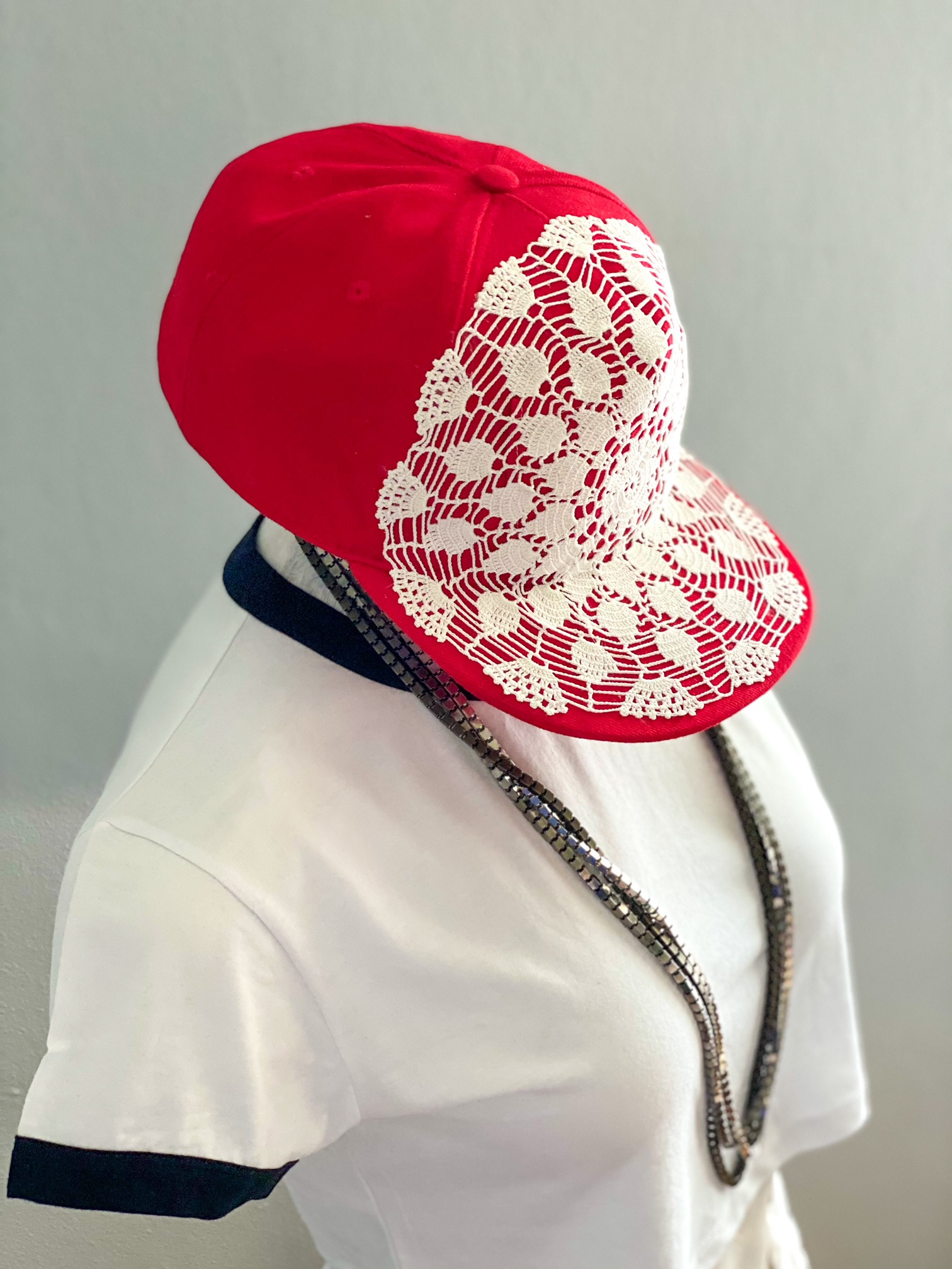 Urban Upcycled Kind Hearted Sustainable Fashion and Lifestyle | Red Baseball Cap with Vintage Doily of 80s