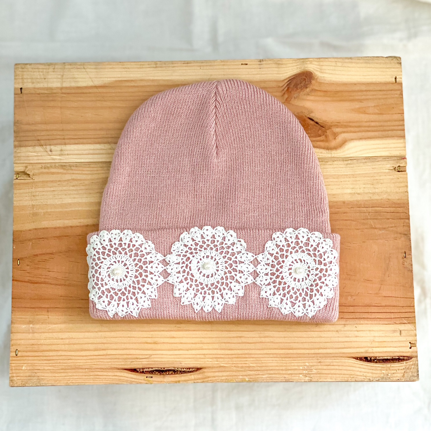 Urban Upcycled Beanie Hat Powder Pink Vintage Doily Glass Pearls