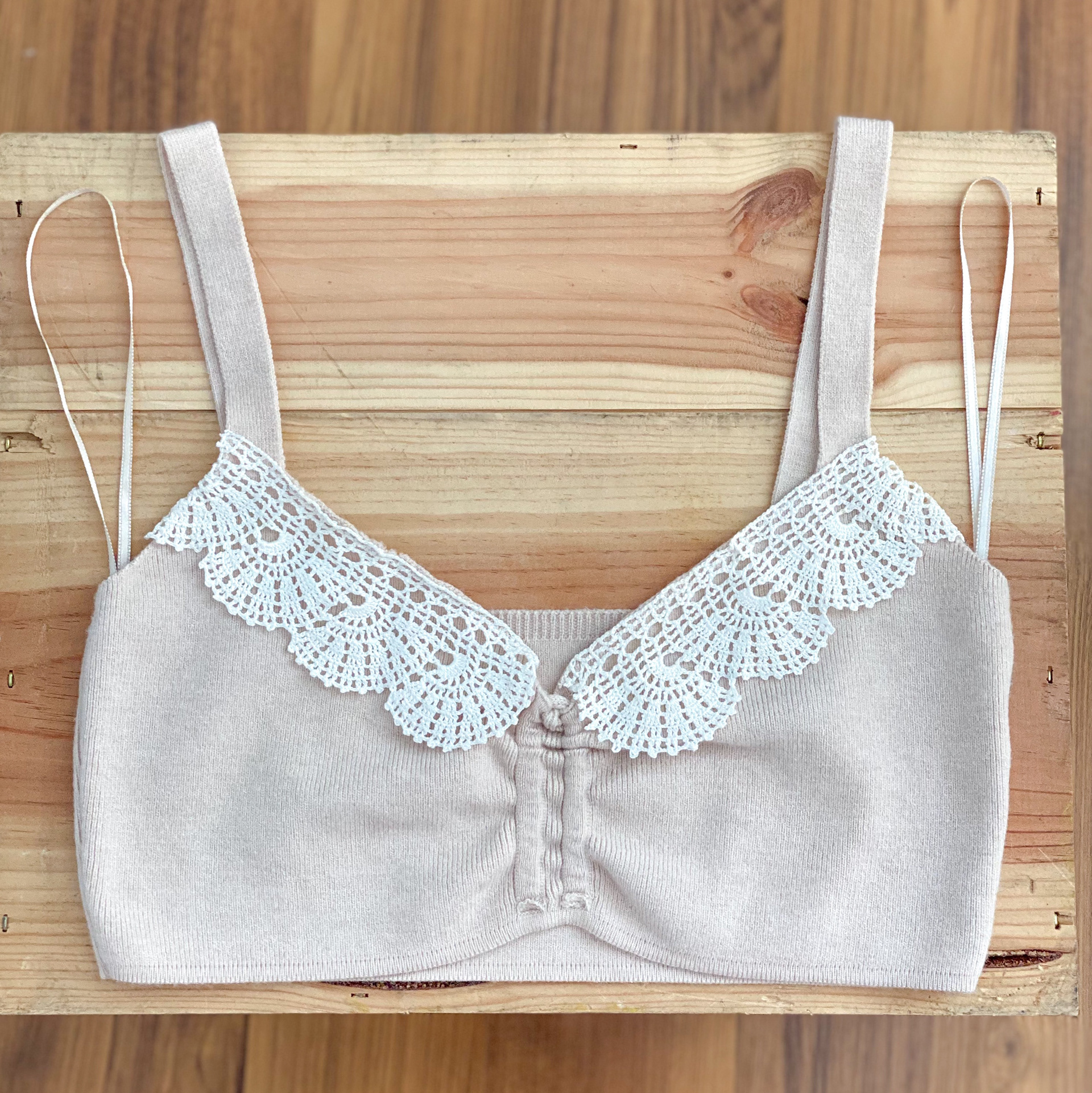 Urban Upcycled Kind Hearted Sustainable Fashion and Lifestyle | Powder Pink Crop Top with Vintage Doily Trim Collar