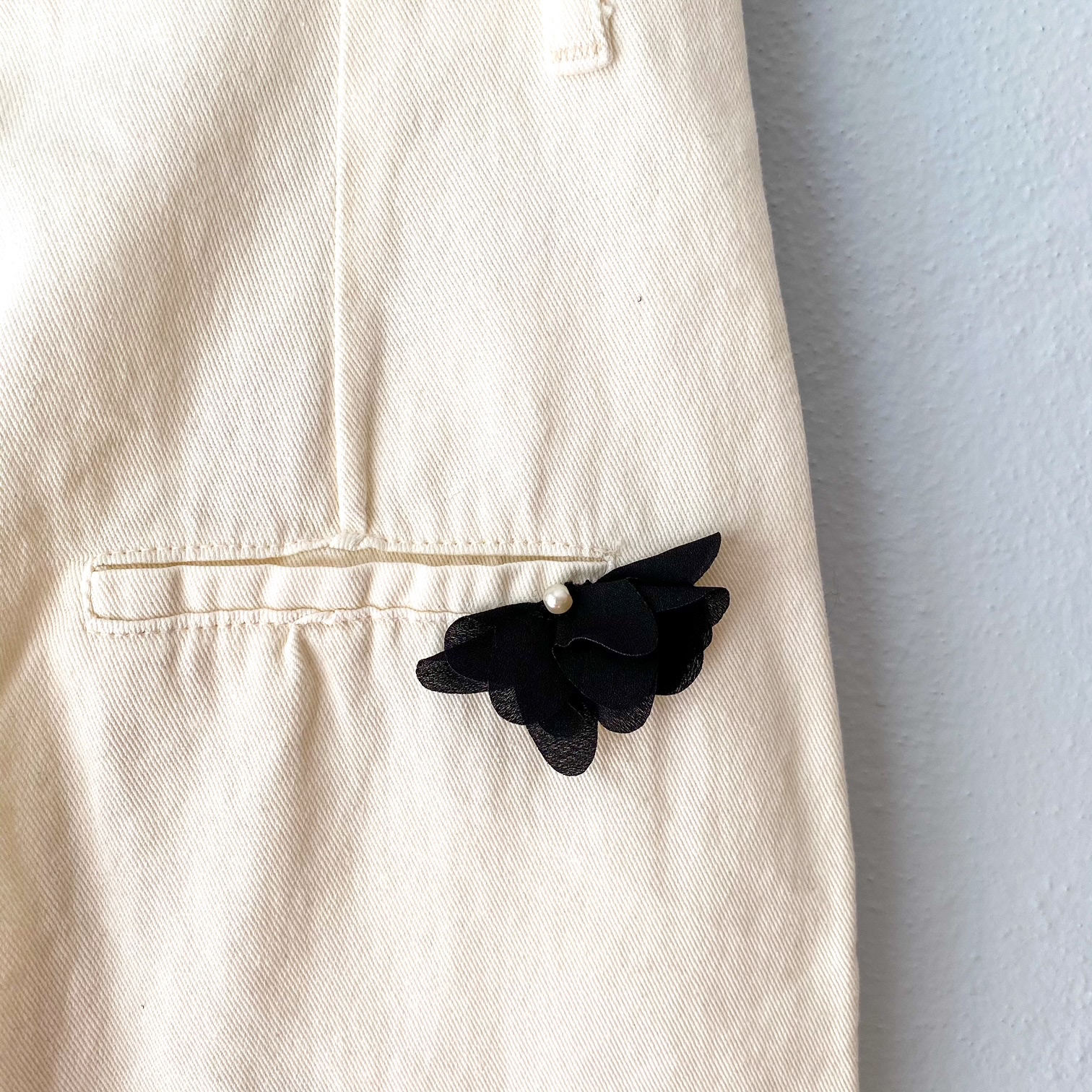 Urban Upcycled Kind Hearted Sustainable Fashion and Lifestyle | White Denim Pants  Black Flower Accessories & Pearls