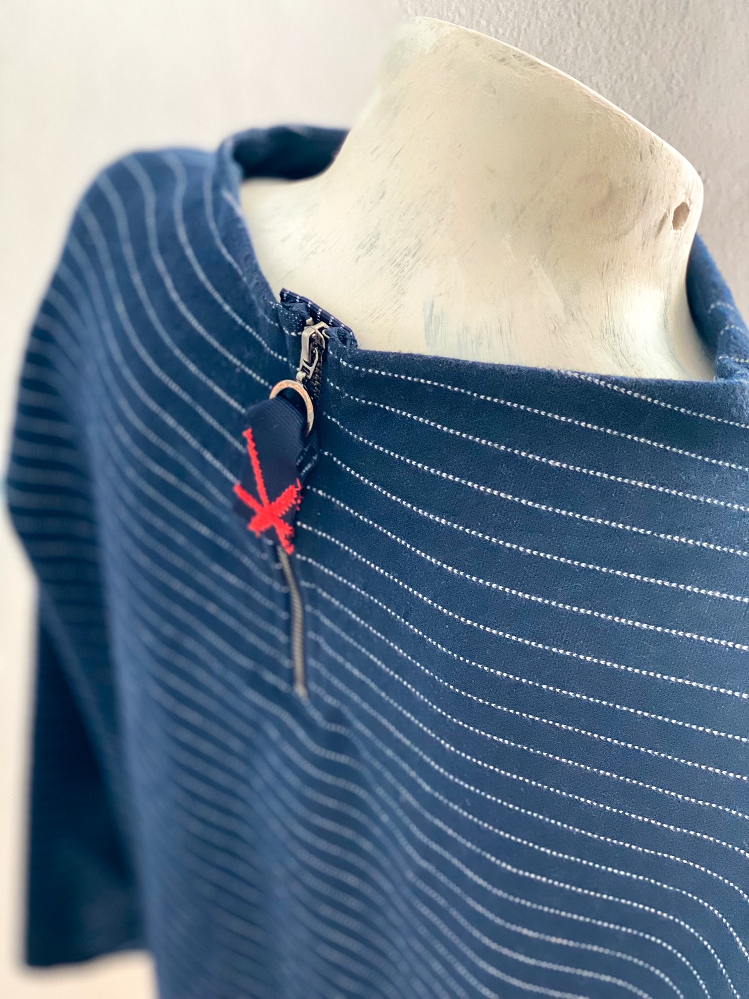 Urban Upcycled Kind Hearted Sustainable Fashion and Lifestyle | Navy Pinstriped Top with Hand Dyed Vintage Doilies