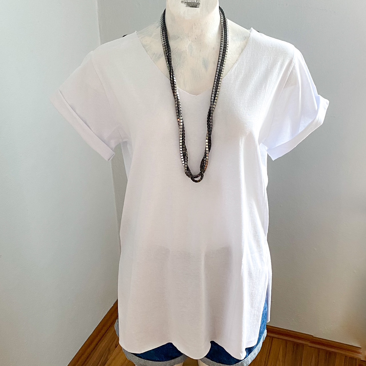 Urban Upcycled Kind Hearted Sustainable Fashion and Lifestyle | White T-Shirt With V-Back Black Sequin