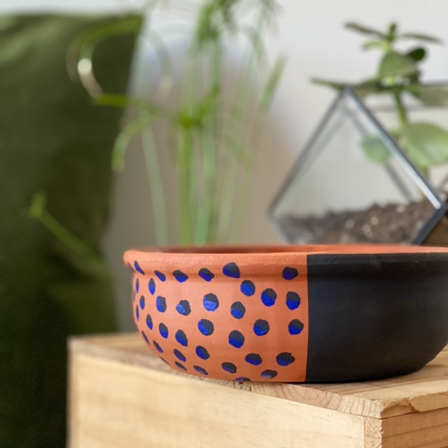 Urban Upcycled Kind Hearted Sustainable Fashion and Lifestyle | Matte Black & Indigo Blue Hand Painted Clay Pot