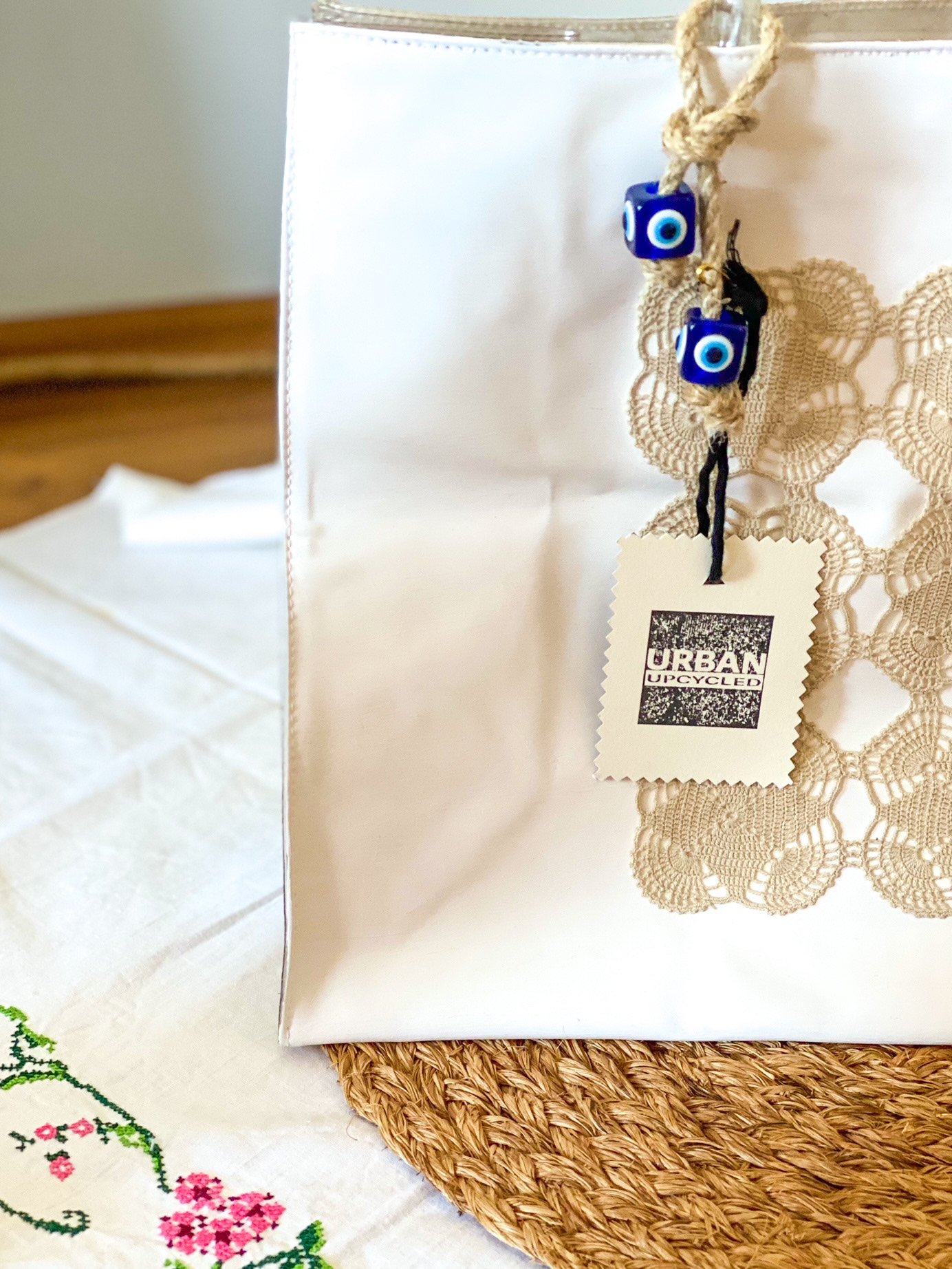 Urban Upcycled Kind Hearted Sustainable Fashion and Lifestyle |  White Summer Beach Bag Hand Painted with Vintage Doily