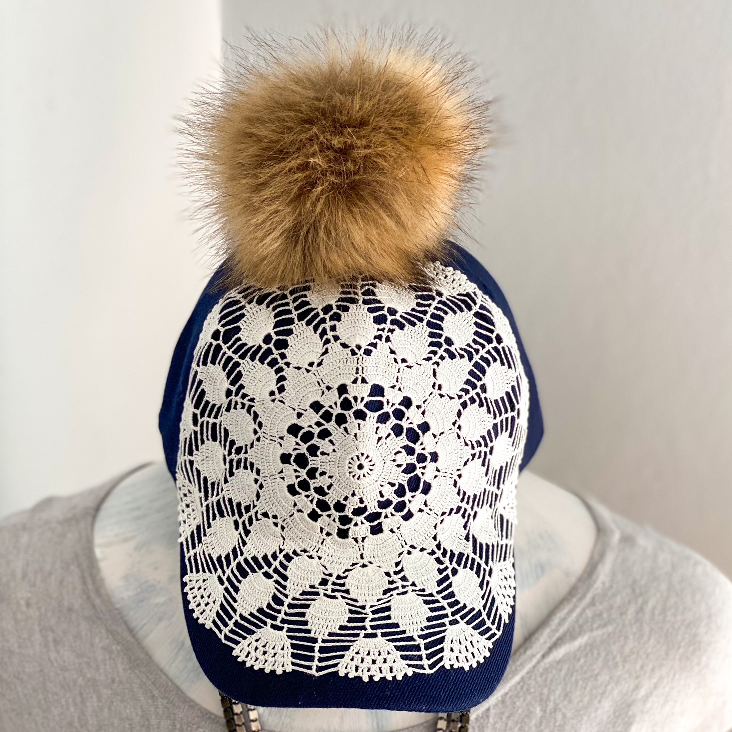 Urban Upcycled Kind Hearted Sustainable Fashion and Lifestyle | Navy Baseball Cap with Vintage Doily of 80s and Faux Fur Pom Pom 