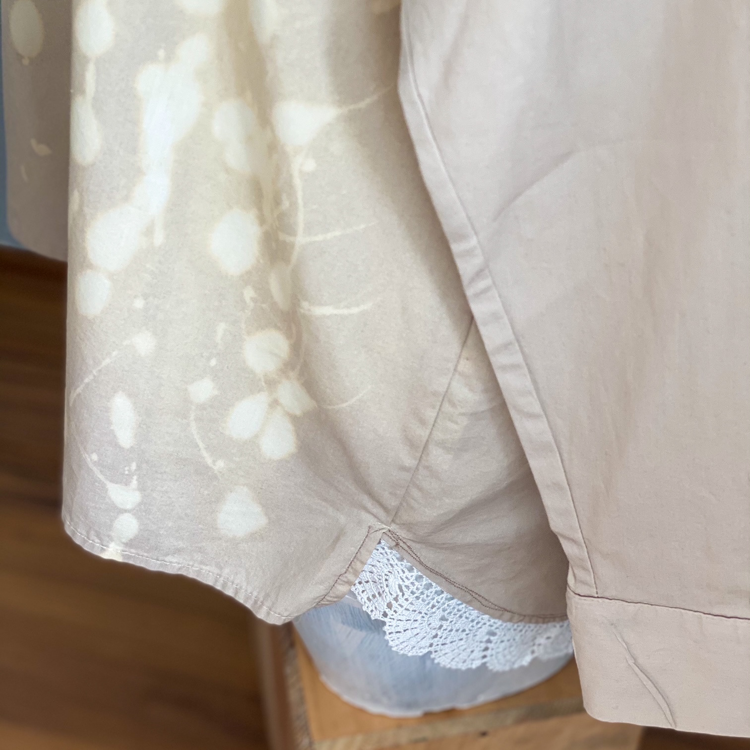 Urban Upcycled Kind Hearted Sustainable Fashion and Lifestyle | Hand Dyed Cream Shirt with Vintage Doily Trim