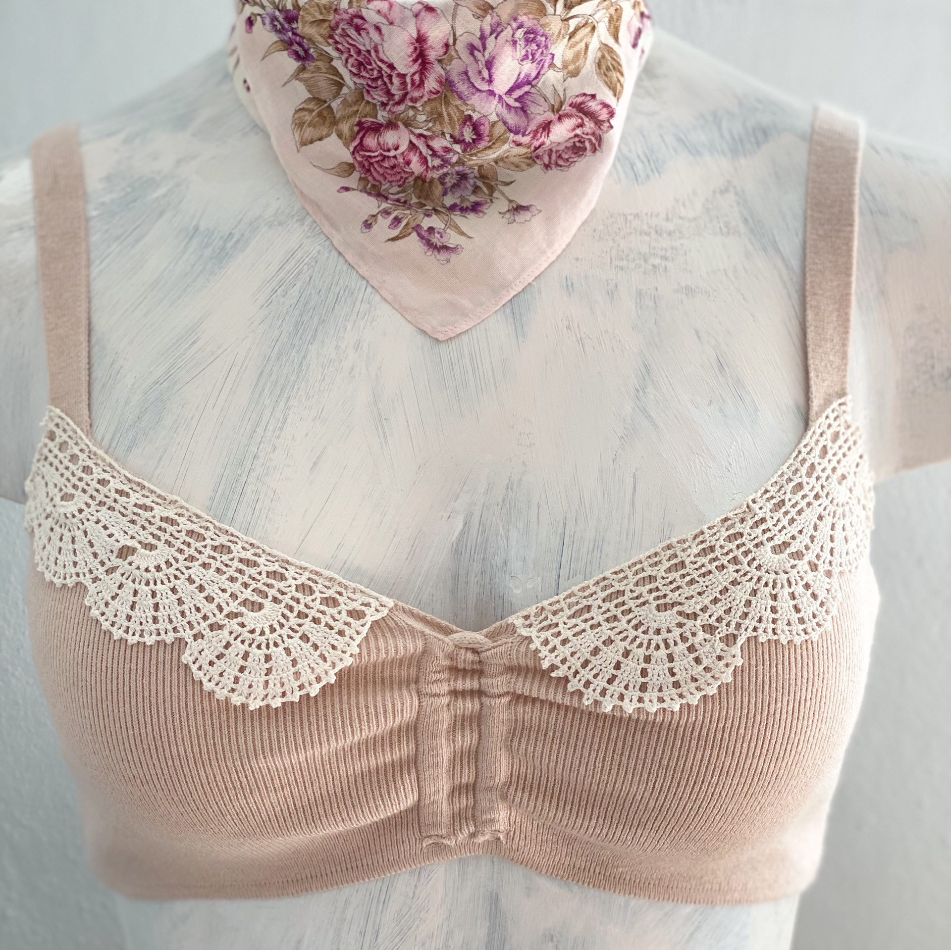 Urban Upcycled Kind Hearted Sustainable Fashion and Lifestyle | Powder Pink Crop Top with Vintage Doily Trim Collar