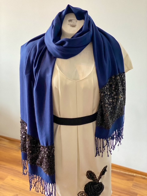 Urban Upcycled Kind Hearted Sustainable Fashion and Lifestyle | Dark Blue Pashmina Shawl or Wrap Sequinned in Black