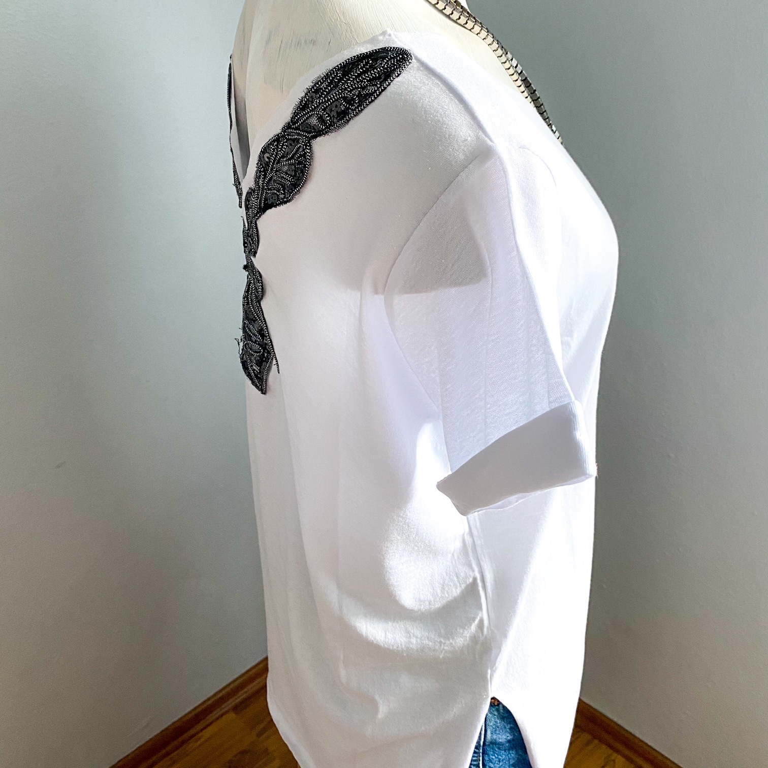 Urban Upcycled Kind Hearted Sustainable Fashion and Lifestyle | White T-Shirt With V-Back Black Sequin