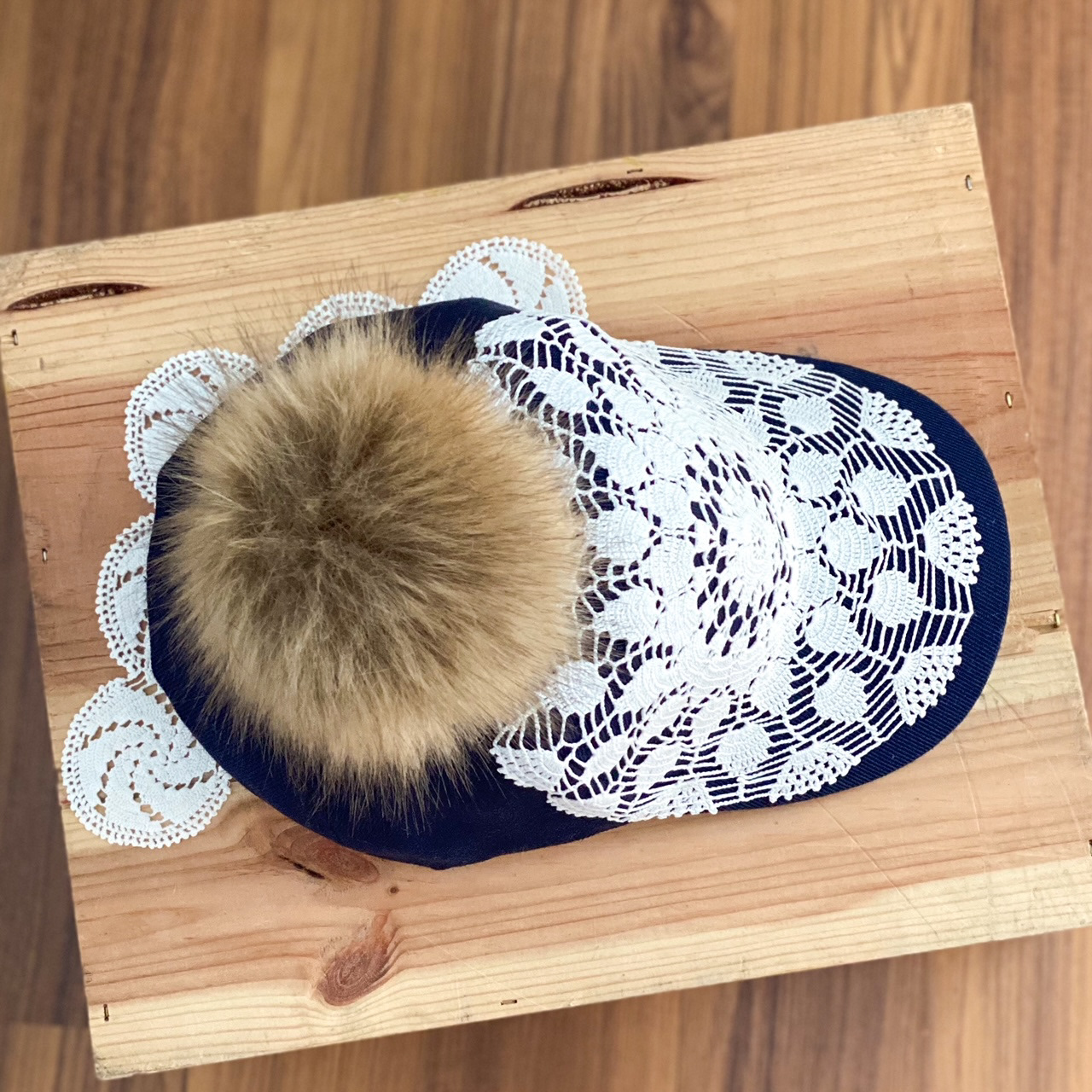 Urban Upcycled Kind Hearted Sustainable Fashion and Lifestyle | Navy Baseball Cap with Vintage Doily of 80s and Faux Fur Pom Pom 