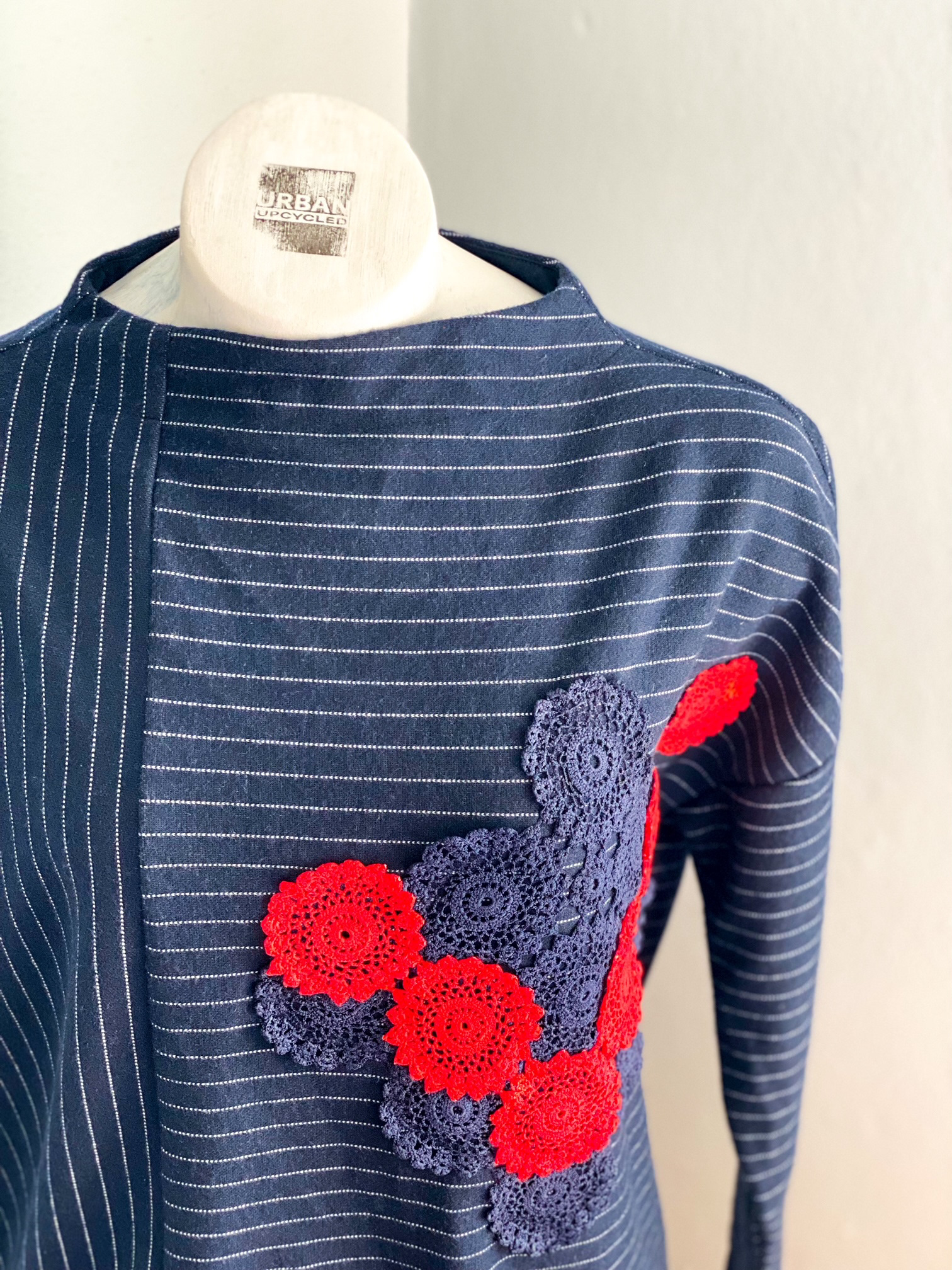 Urban Upcycled Kind Hearted Sustainable Fashion and Lifestyle | Navy Pinstriped Top with Hand Dyed Vintage Doilies