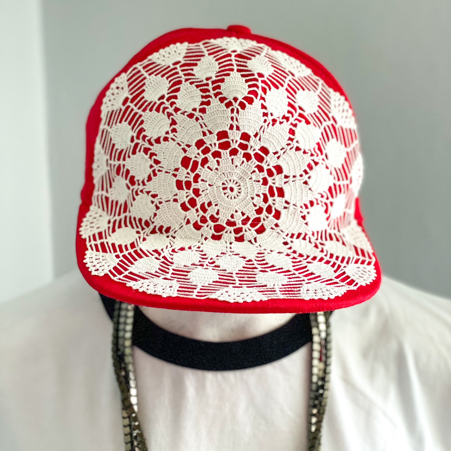 Urban Upcycled Kind Hearted Sustainable Fashion and Lifestyle |  Red Baseball Cap with Vintage Doily of 80s