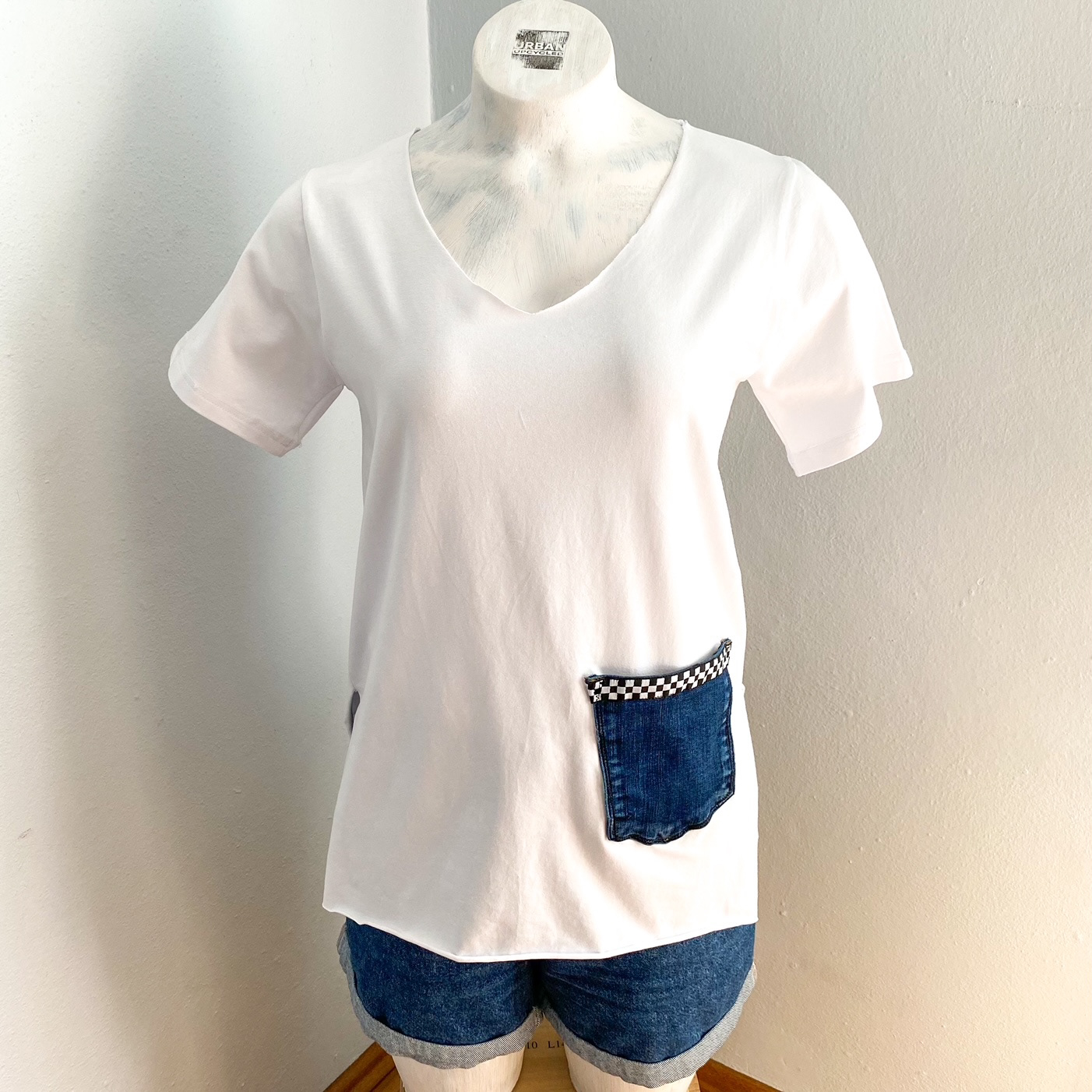 Urban Upcycled Kind Hearted Sustainable Fashion and Lifestyle | White T-Shirt With Denim Pocket & Checkered Lining