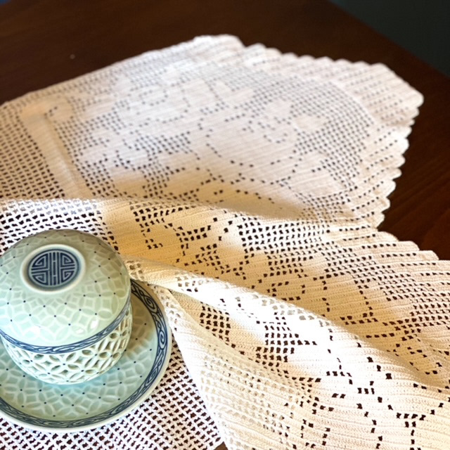 Urban Upcycled Vintage Crochet Doily Rose Pattern Table Runner