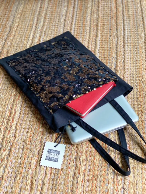 Urban Upcycled Kind Hearted Sustainable Fashion and Lifestyle | Black Canvas Bag With A Gold Sequinned Pocket