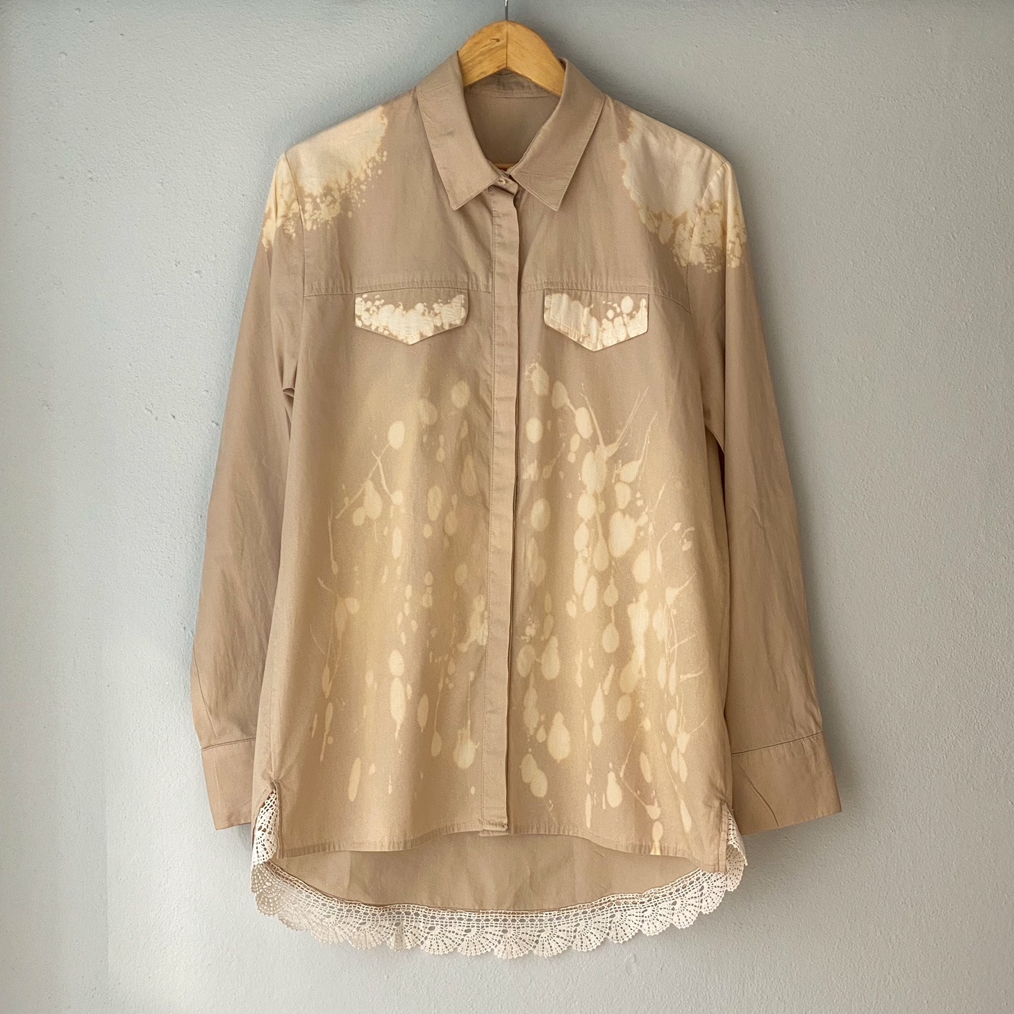 Urban Upcycled Kind Hearted Sustainable Fashion and Lifestyle | Hand Dyed Cream Shirt with Vintage Doily Trim