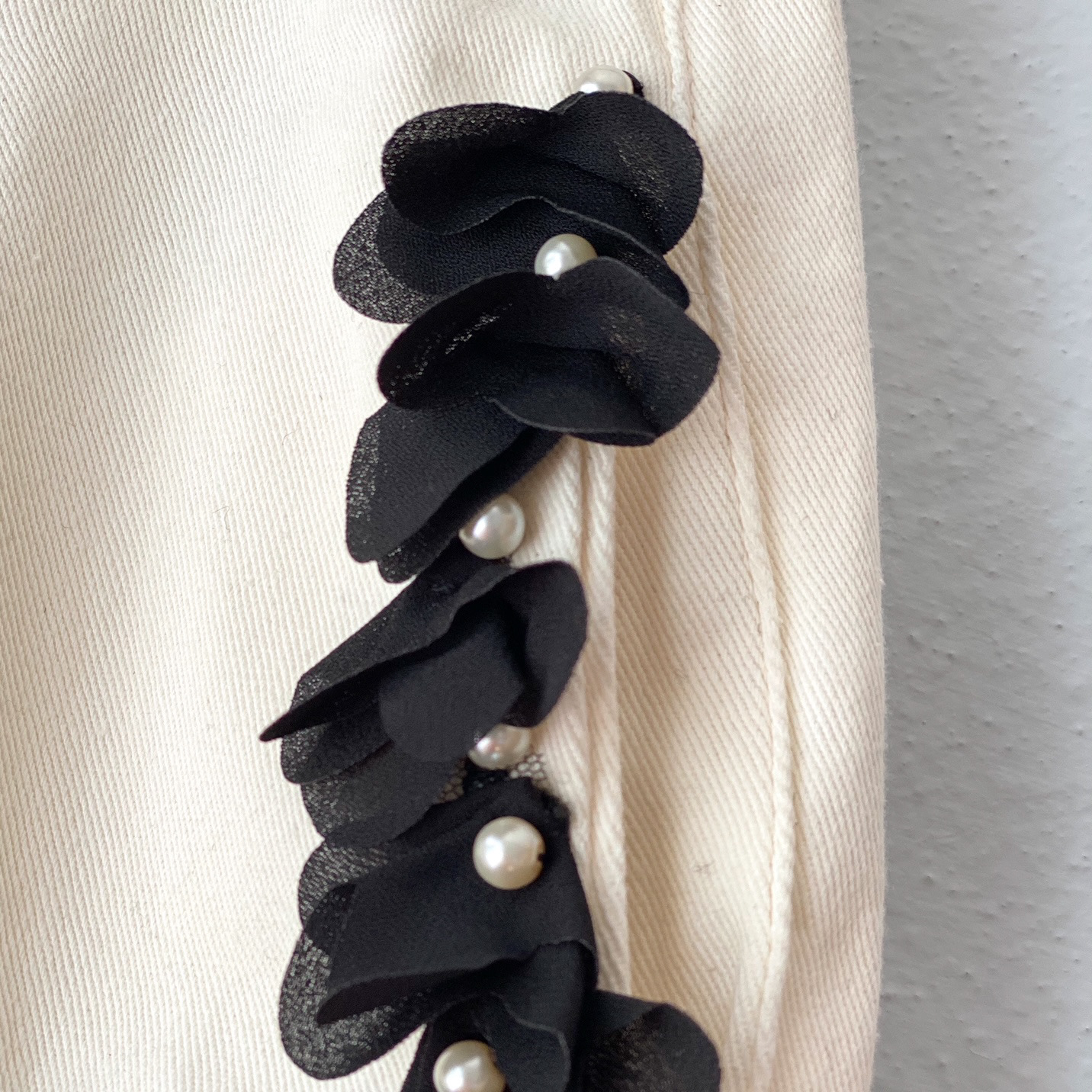 Urban Upcycled Kind Hearted Sustainable Fashion and Lifestyle | White Denim Pants  Black Flower Accessories & Pearls