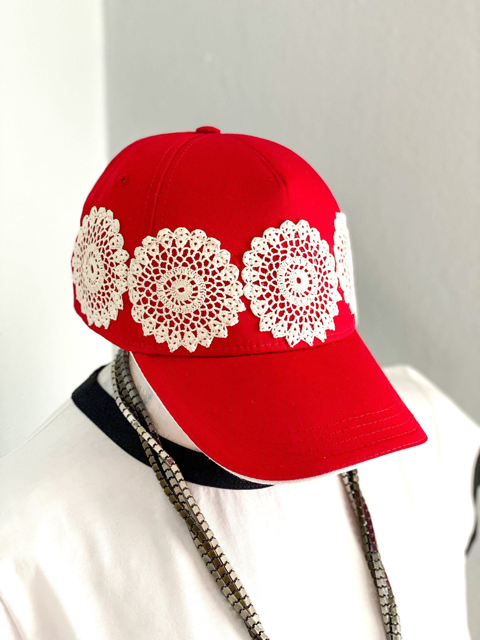 Urban Upcycled Kind Hearted Sustainable Fashion and Lifestyle | Red Baseball Cap with Vintage Doily of 80s