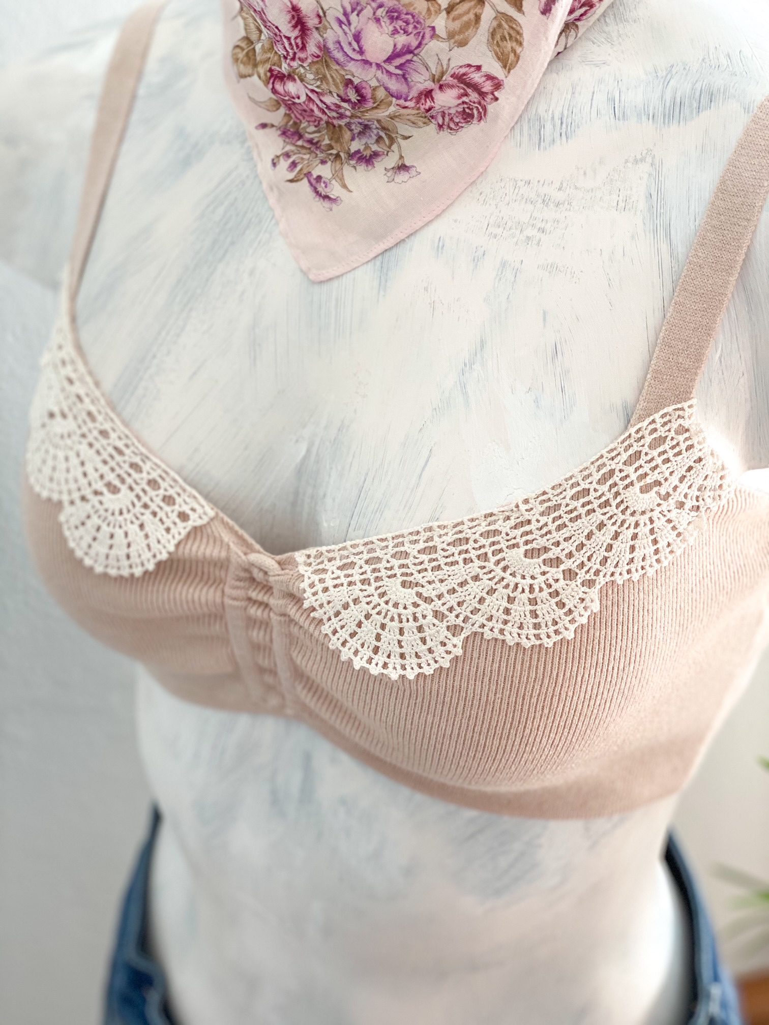 Urban Upcycled Kind Hearted Sustainable Fashion and Lifestyle | Powder Pink Crop Top with Vintage Doily Trim Collar