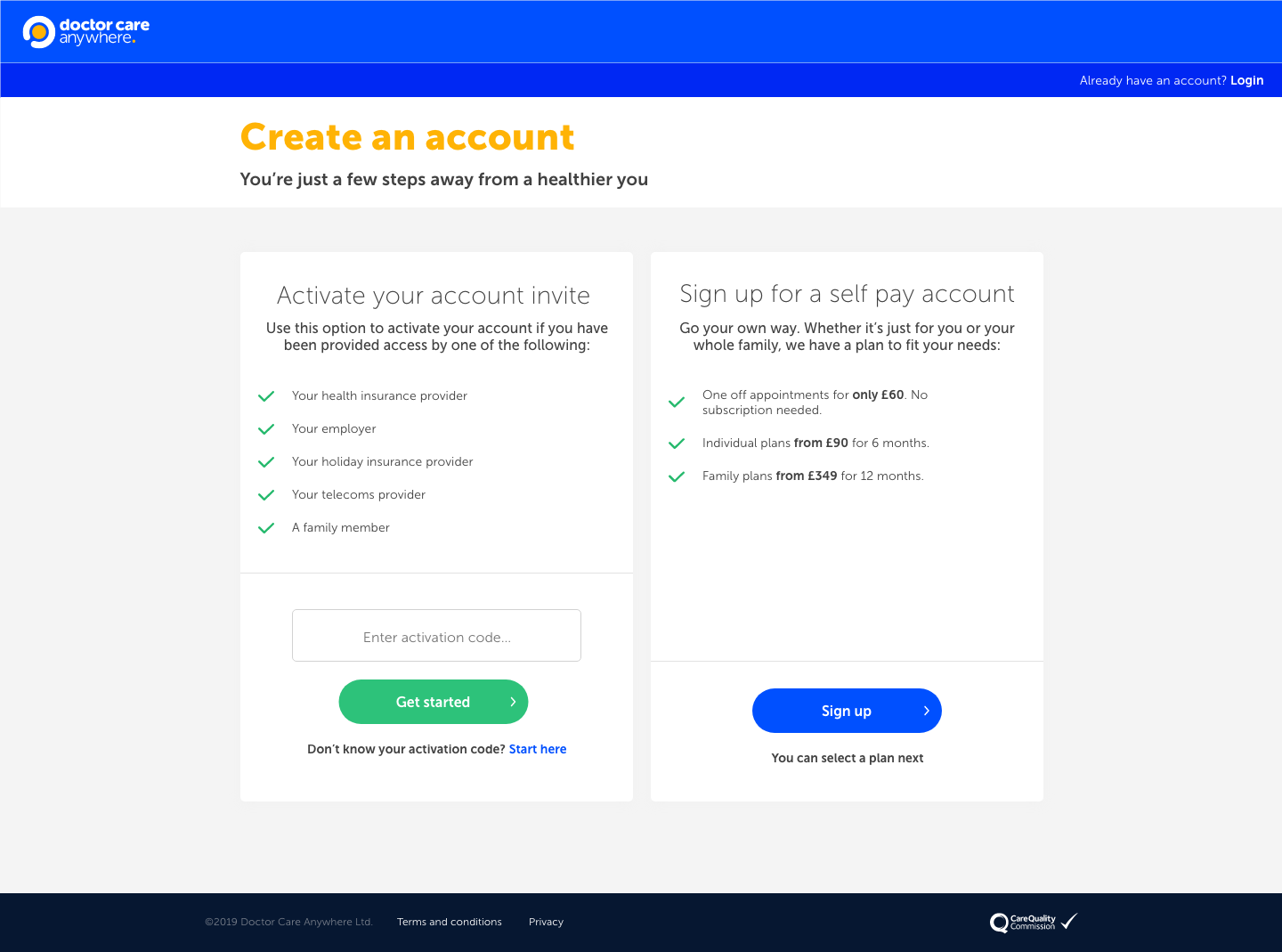 The main signup screen