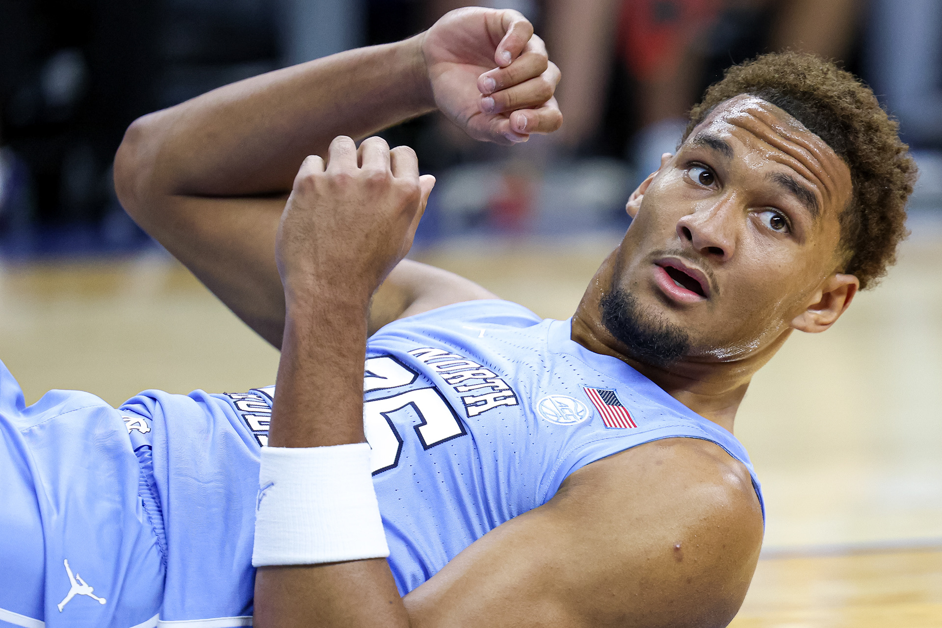 UNC first-year forward Maximo Adams (25) looks at the referee during the exhibition game against USC on Friday, Oct. 9, 2026 at the Greensboro Coliseum.
