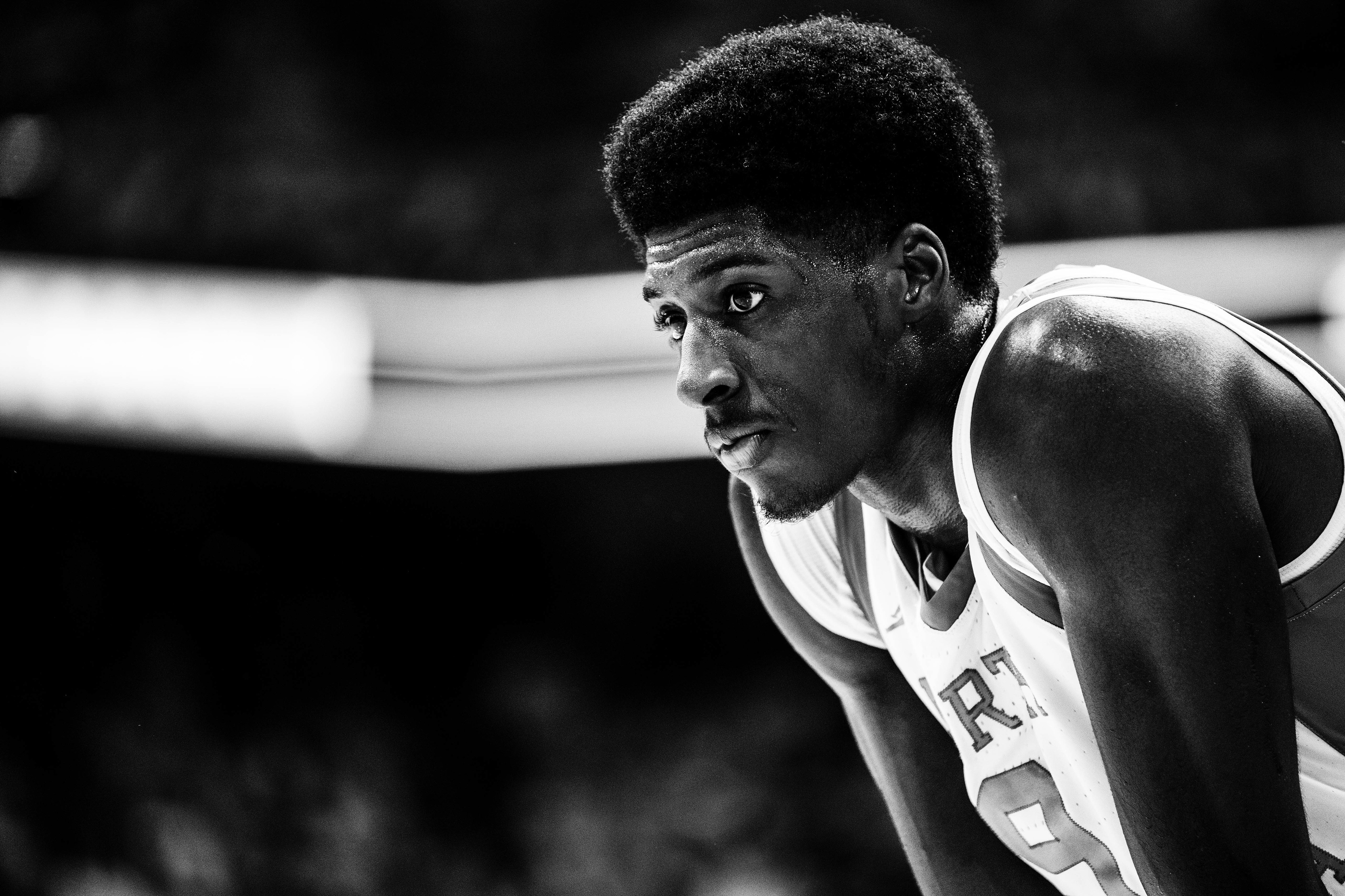 UNC first-year guard/forward Drake Powell (9) rests during the men’s basketball game against Duke on Saturday, March 8, 2025 at the Dean Smith Center. UNC lost 82-69.