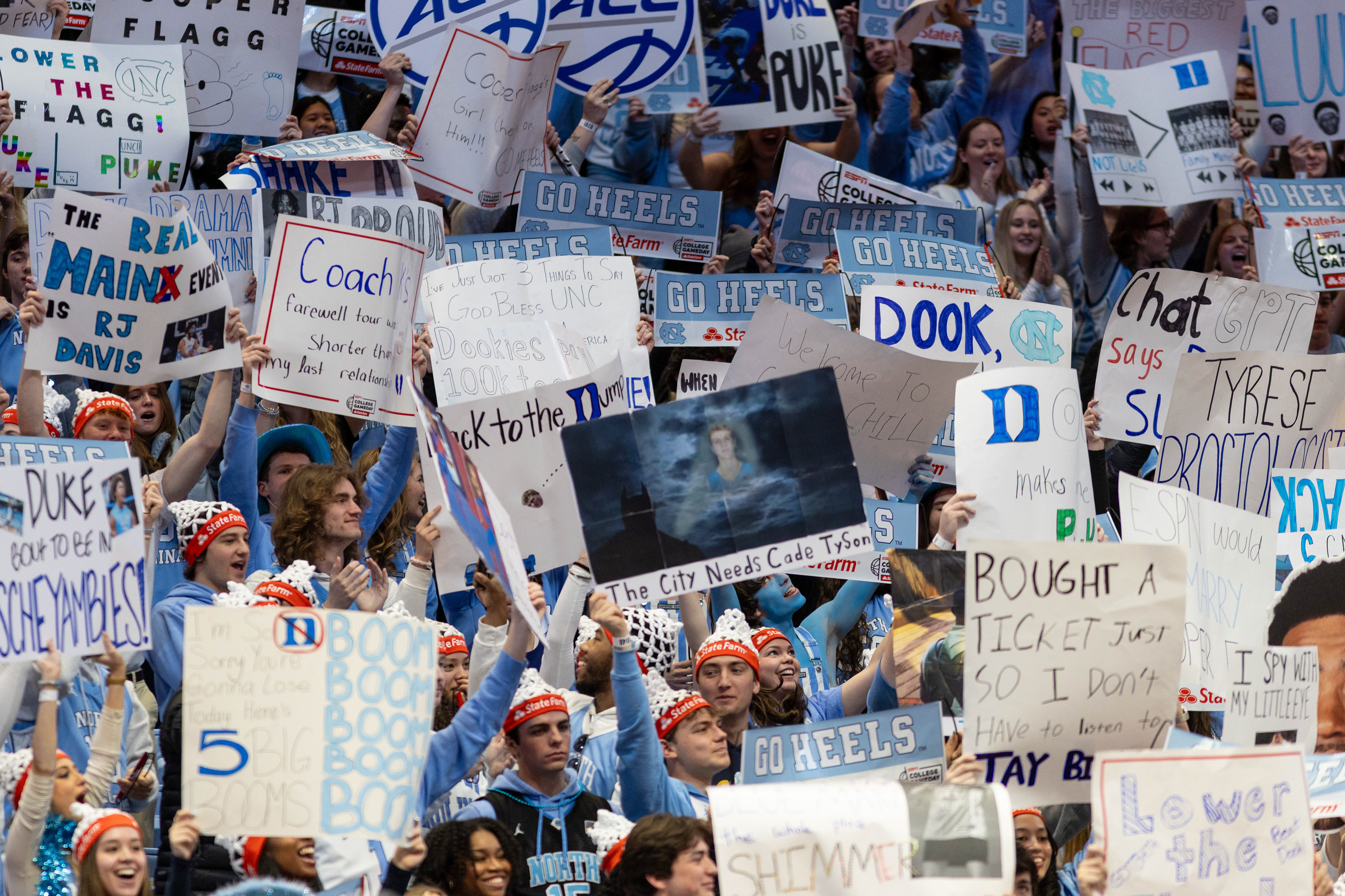 UNC students hold up signs and cheer at the ESPN College GameDay broadcast on Saturday, March 8, 2025 at the Dean Smith Center.