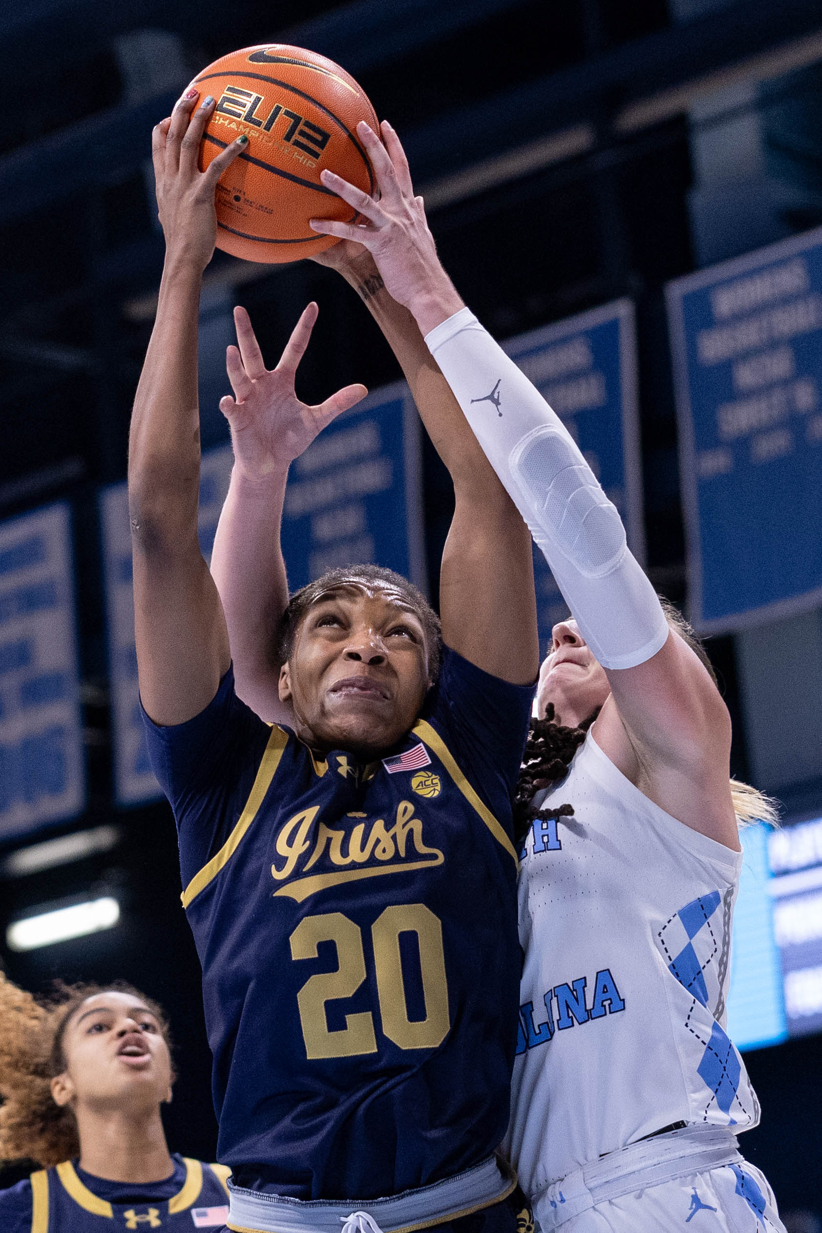 Notre Dame senior guard Liatu King (20) jumps for the ball during the women's basketball match against UNC on Sunday, Jan. 5, 2025 at Carmichael Arena.