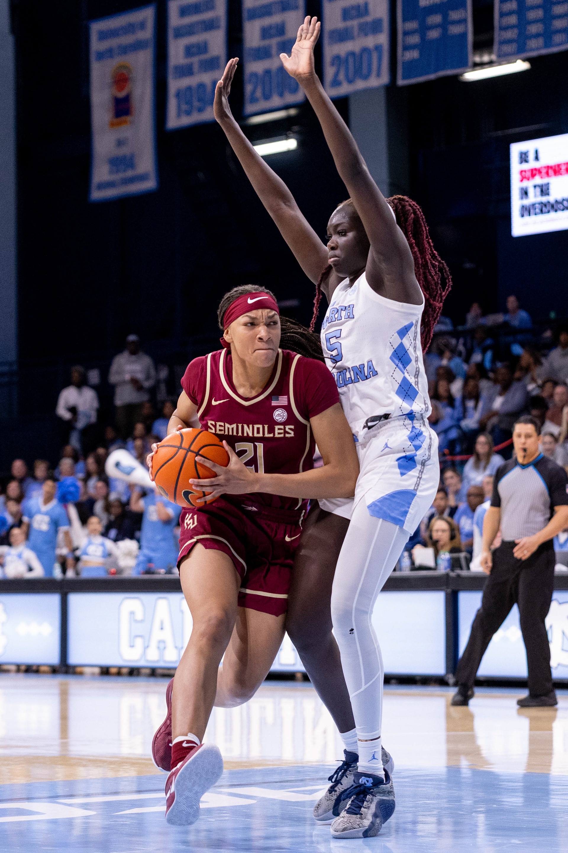 UNC senior forward/center Maria Gakdeng (5) blocks during the women’s basketball game against Florida State on Sunday, Jan. 26, 2025 at Carmichael Arena. UNC lost 86-84.