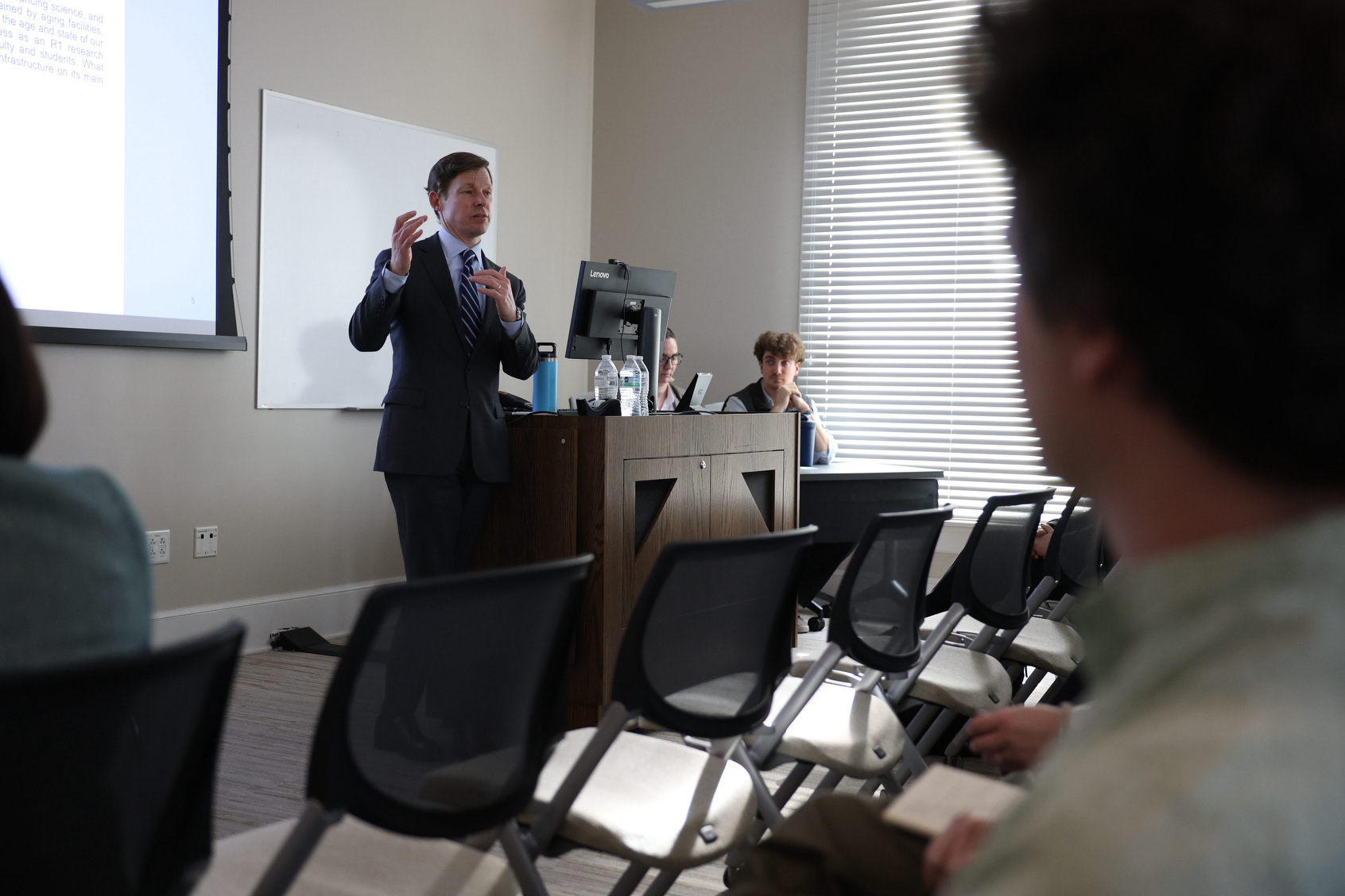 UNC Chancellor Lee Roberts speaks at a psychology and neuroscience faculty meeting at Howell Hall on Wednesday, March 4, 2026. The room was crowded with psychology and neuroscience faculty, and the meeting lasted for around half an hour.