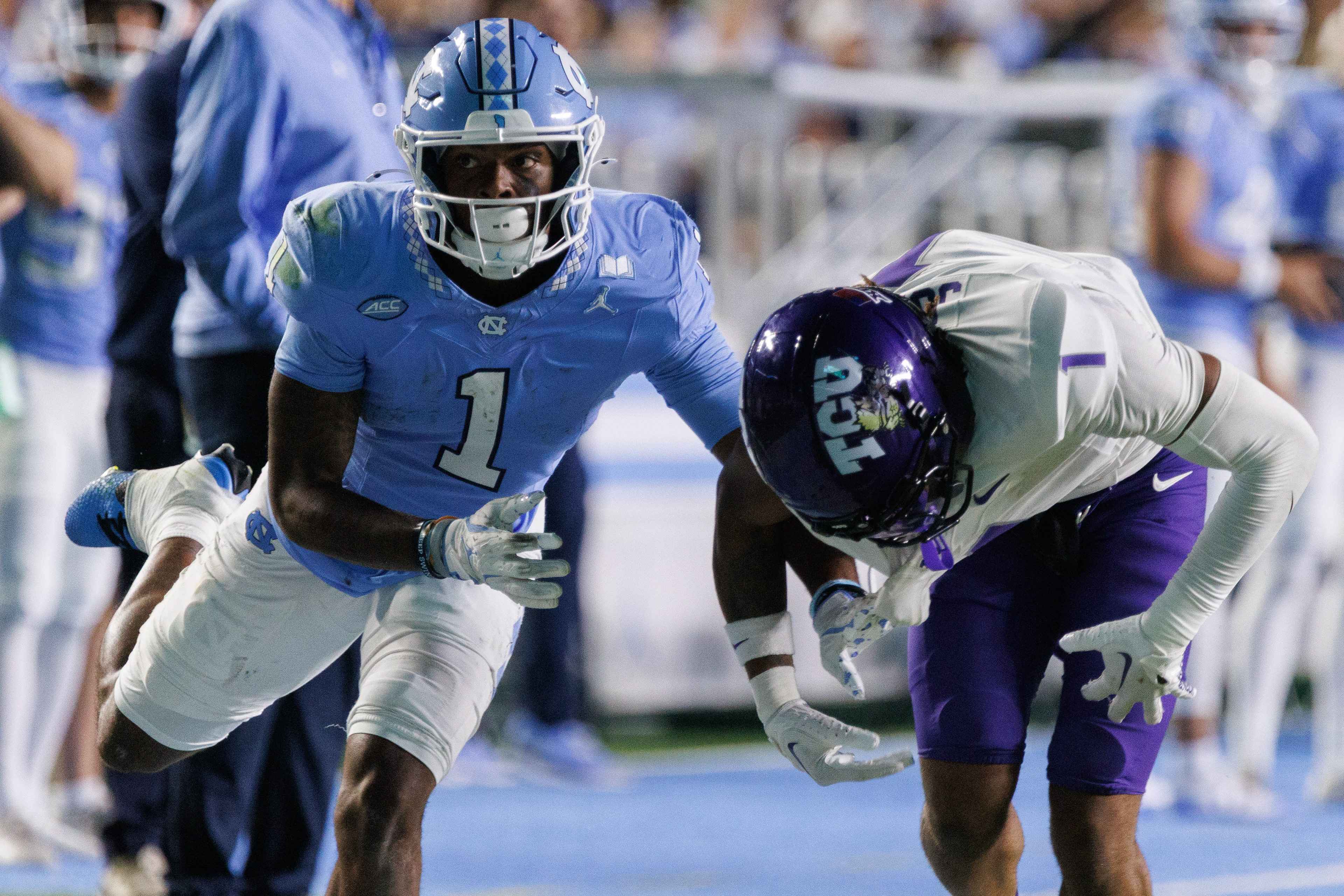 UNC sophomore wide receiver Jordan Shipp (1) looks to the ref during the football game against TCU on Monday, Sept. 1, 2025 at Kenan Stadium. UNC lost 48-14.