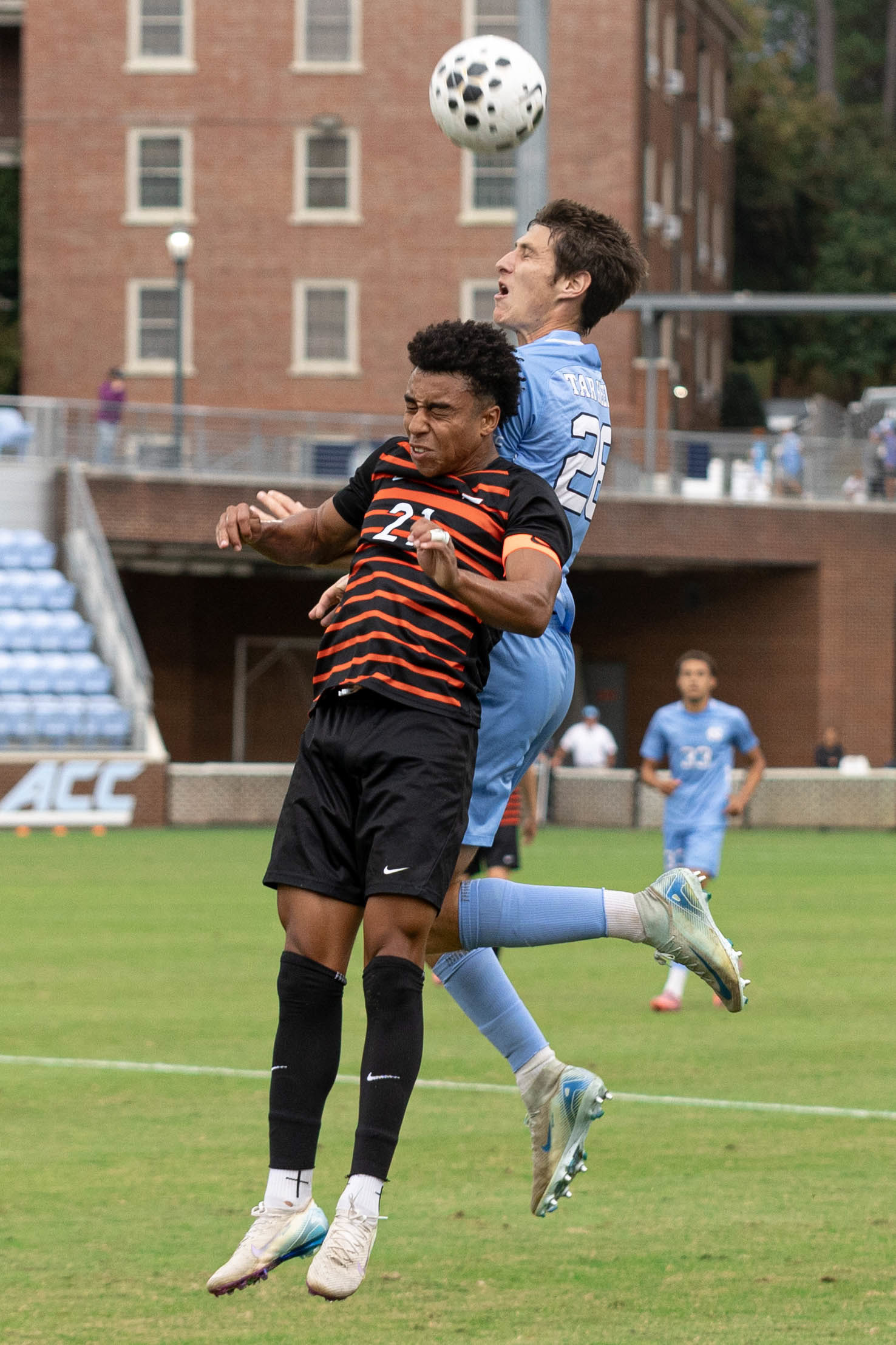 UNC graduate midfielder/defender Jack Sandmeyer (28) headbutts the ball during the men's soccer game against Virginia Tech on Sunday, Oct. 19, 2025 at Dorrance Field.