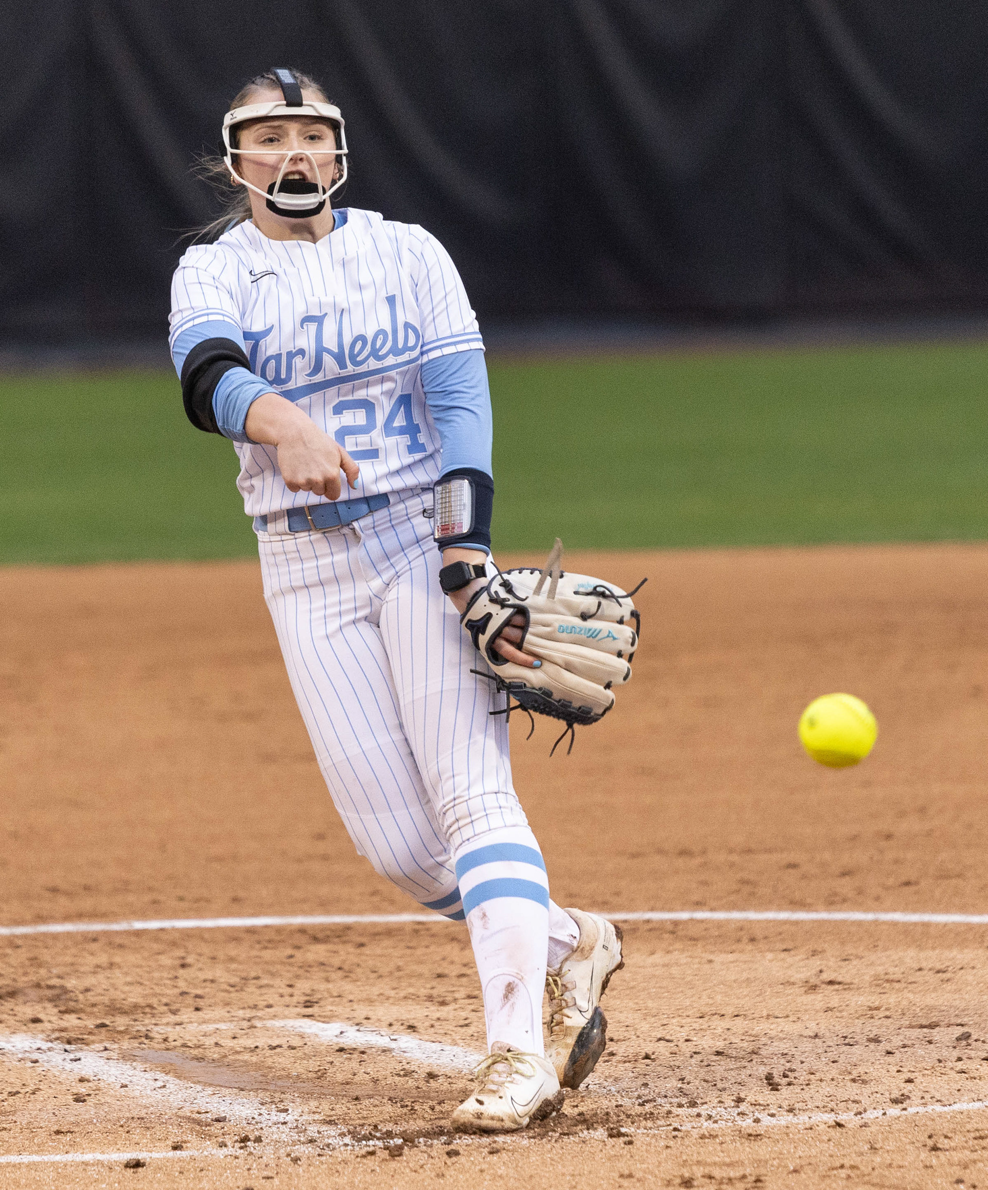 UNC first-year pitcher Lilly Parrish (24) pitches the ball during the softball game against Drexel on Thursday, Feb. 13, 2025 at Anderson Field. UNC won 16-1.