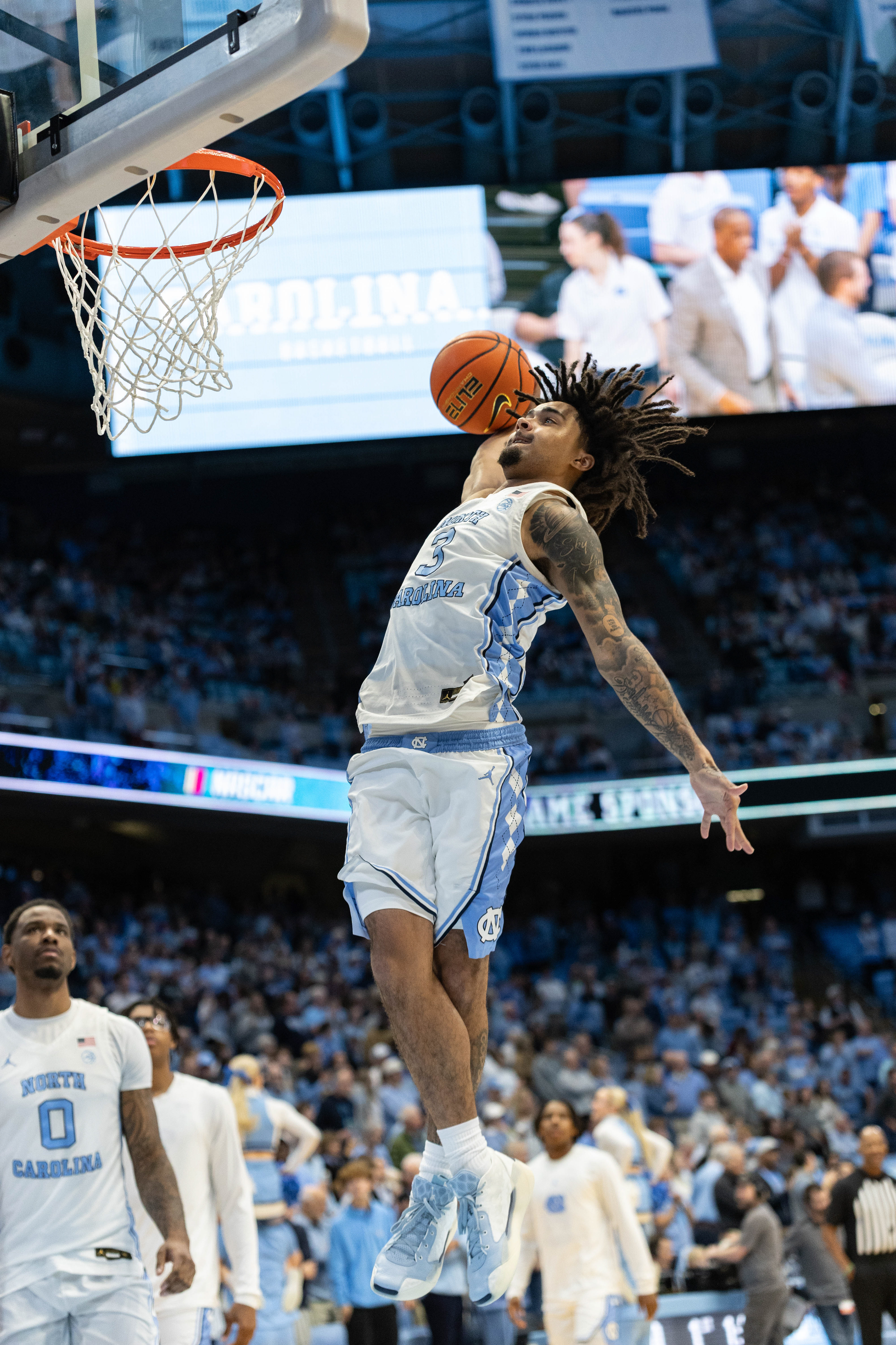 UNC sophomore guard Elliot Cadeau (3) warms up during the men’s basketball game against Campbell on Sunday, Dec. 29, 2024 at the Dean Smith Center. UNC won 97-81.