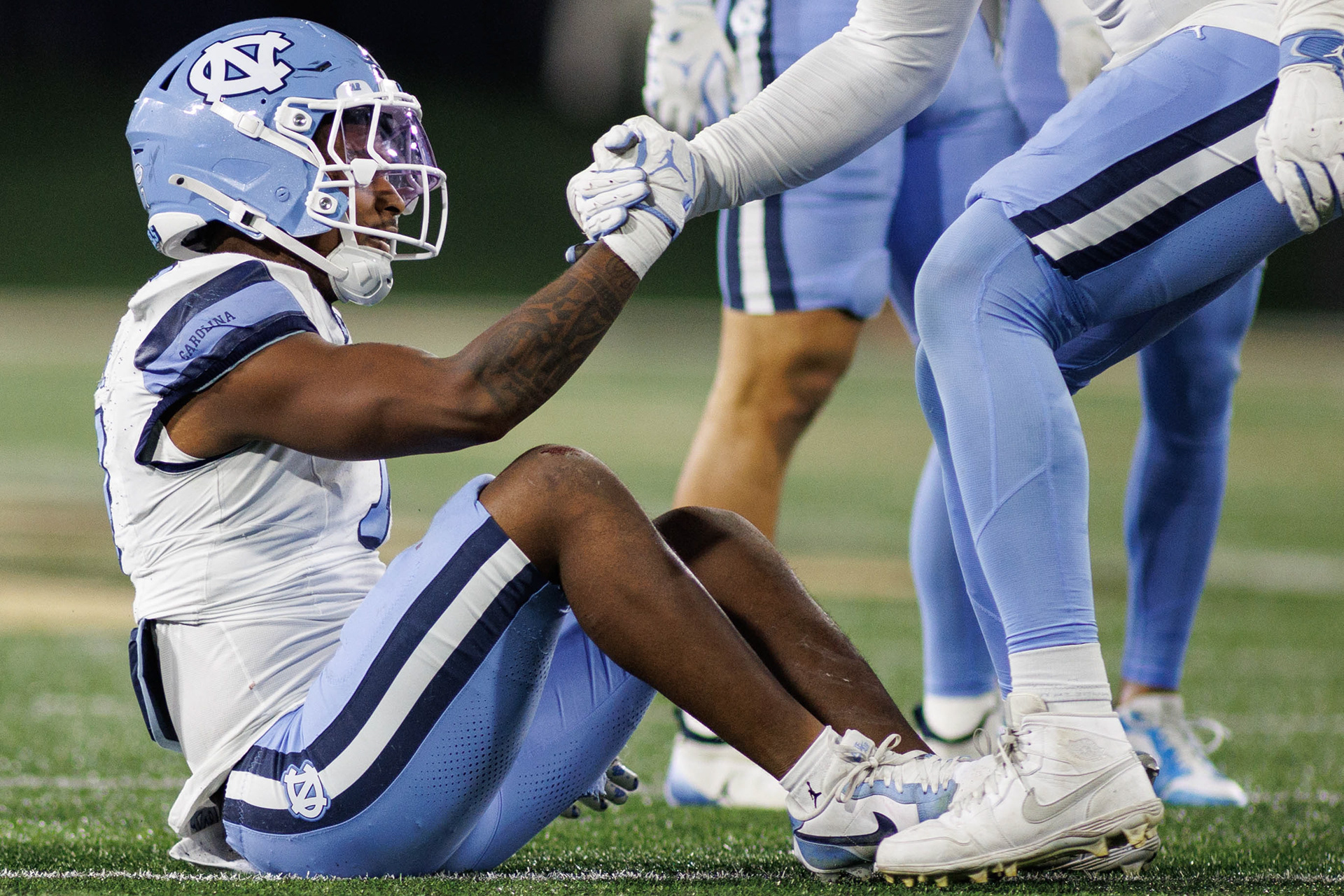 UNC sophomore linebacker Khmori House (7) gets up after a tackle during the football game against Wake Forest on Saturday, Nov. 15, 2025 at Allegacy Federal Credit Union Stadium. UNC lost 28-12.