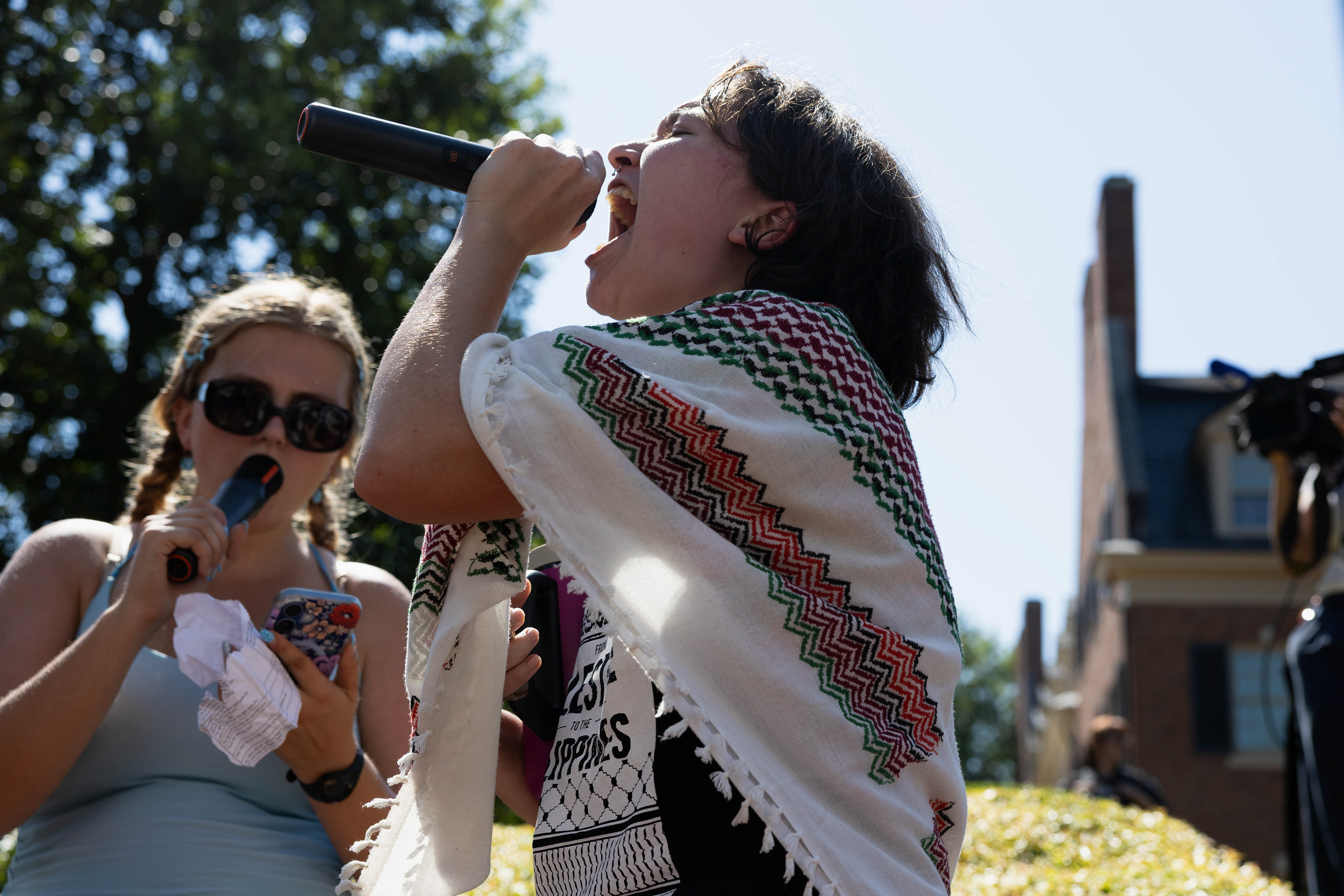 Demonstrators protest outside of the Carolina Inn during the G20 Summit on Wednesday, Sept. 2, 2026.