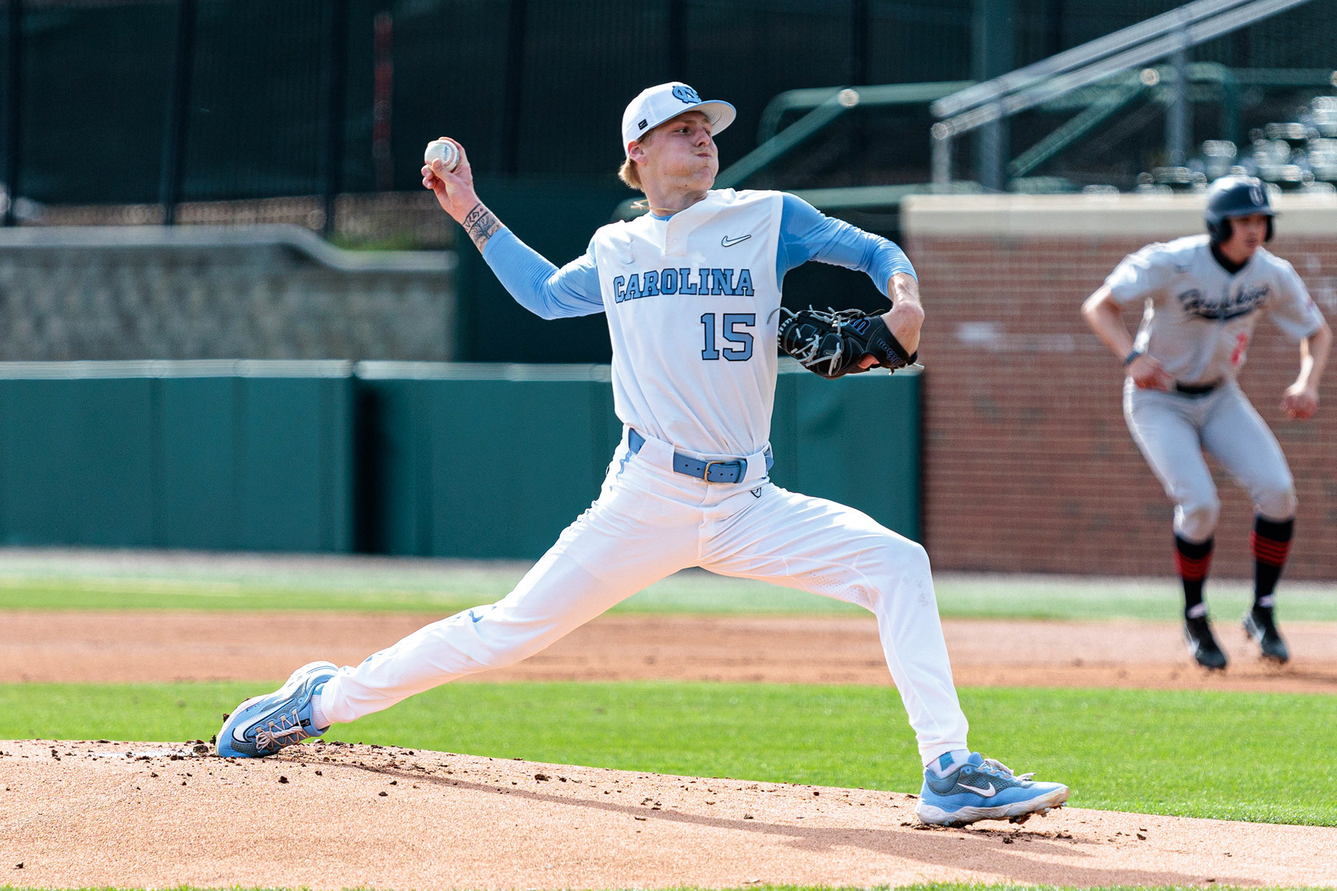 UNC junior right-handed pitcher Cameron Padgett (15) pitches the ball during the baseball game against UConn on Wednesday, March 19, 2025 at Boshamer Stadium.